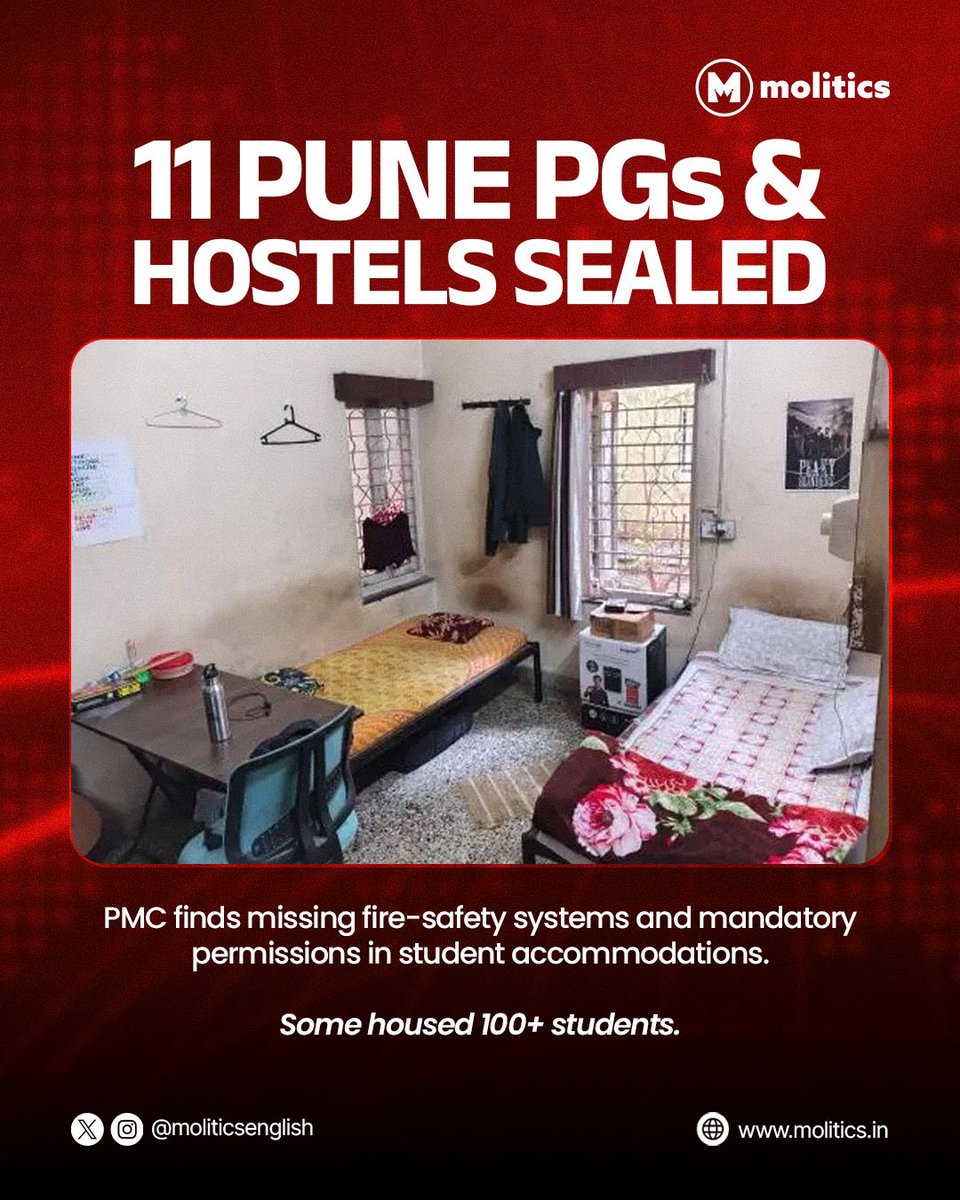 MoliticsEnglish's tweet photo. 11 PGs &amp; hostels sealed in Pune after civic inspections found missing fire-safety systems and mandatory permissions.

Some multi-storey buildings housed 100+ students.

#Pune #FireSafety #Hostels #PG #StudentSafety #PMC https://t.co/lWxrFDYOaK