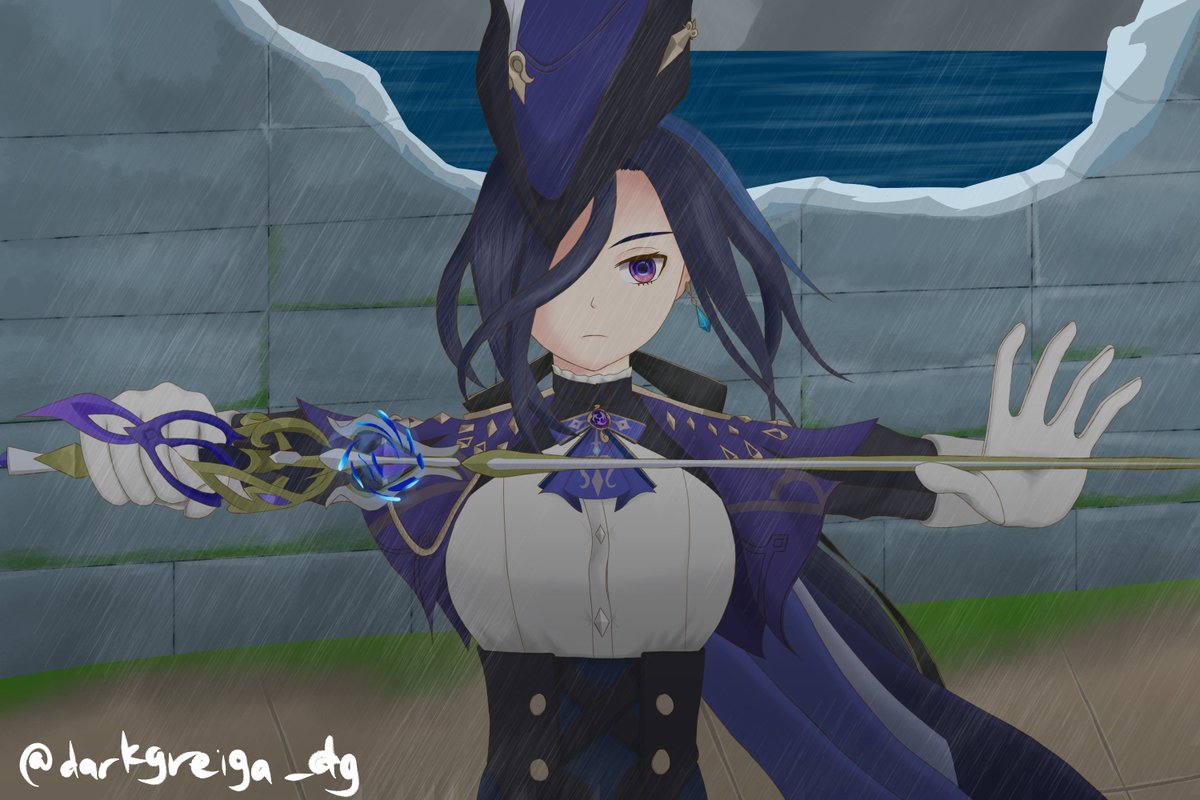 darkgreiga_dg's tweet photo. Under the cloak of rain, the hunter shall continue to hunt.

#Clorinde #クロリンデ生誕祭2026 https://t.co/lsp7fX3PTa
