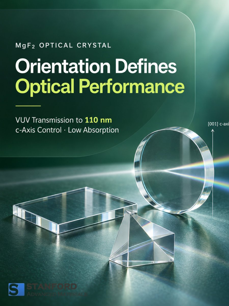 SAMaterials's tweet photo. MgF2 offers VUV transmission to 110 nm, but its uniaxial birefringence can split your beam if the c-axis isn't cut right. https://t.co/4gBAL3YGJU