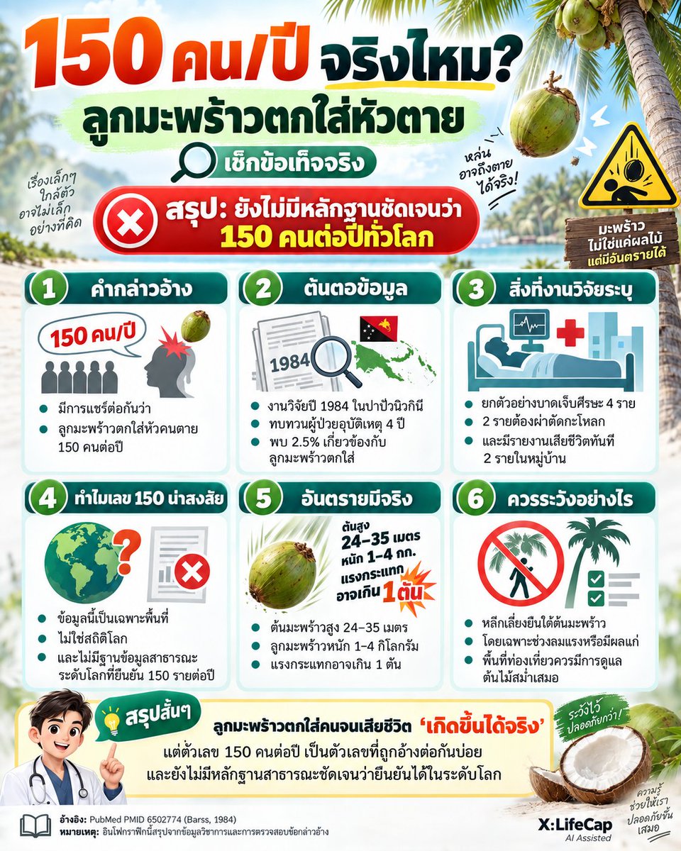 NO1CAPTION's tweet photo. 🥥 จริงหรือมั่ว? “มะพร้าวตกใส่หัวตาย 150 คน/ปี” ตัวเลขดังที่แชร์กันมานาน แต่หลักฐานจริงไม่ได้ยืนยันแบบนั้น! อันตรายมีจริง แต่สถิติต้องดูให้ชัด 👀

#มะพร้าว #FactCheck #เรื่องน่ารู้ #ความรู้รอบตัว #XLifeCap https://t.co/RO5LzMbH1x