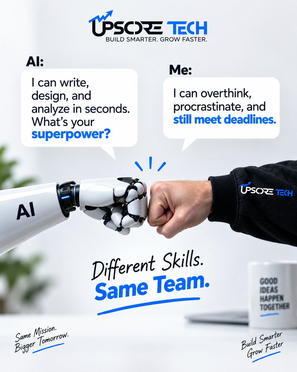 upscoretech's tweet photo. AI can write, design, analyze & automate.

Humans bring strategy, judgment, creativity & context.

The advantage isn’t AI vs Human.

It’s AI + Human working together.

Different skills. Same team. Better results.

#AI #AIAutomation #AIForBusiness #FutureOfWork #Productivity #BusinessGrowth #UpscoreTech