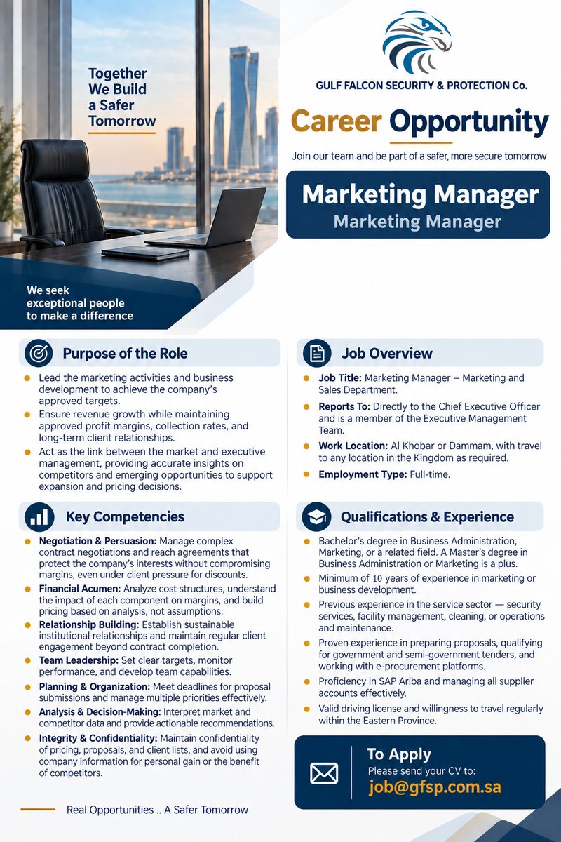 GFSP_4's tweet photo. 📢 Career Opportunity | Marketing Manager
📍 Al Khobar / Dammam
• Bachelor’s degree in a related field
• 10+ years of relevant experience
• Service sector &amp; government tenders experience
• SAP Ariba proficiency
📩 job@gfsp.com.sa
Subject: Marketing Manager https://t.co/x6K4C8po4f