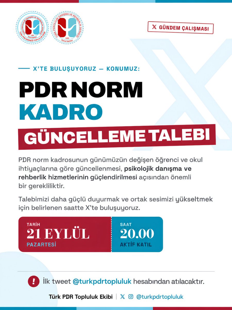 turkpdrtopluluk's tweet photo. 21 Eylül Pazartesi (yarın), akşam 20.00'de PDR Normu güncellenmesi talebimiz için @turkpdrtopluluk X hesabında buluşuyoruz! 
Tüm meslektaşlar, meslektaş adaylarımız ve destekçilerimiz davetlidir.
@turkpdrdernegi 
@mengindeniz 
@bartubss https://t.co/0CWIxzn87K