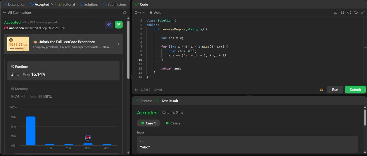 ANNISH_SEN's tweet photo. LeetCode POTD
Solved LeetCode 1903 – Reverse Degree of a String today.
A straightforward implementation problem
#LeetCode #POTD #CPP #Programming #Coding #Developer #ProblemSolving #100DaysOfCod https://t.co/yDdxhdrIh6