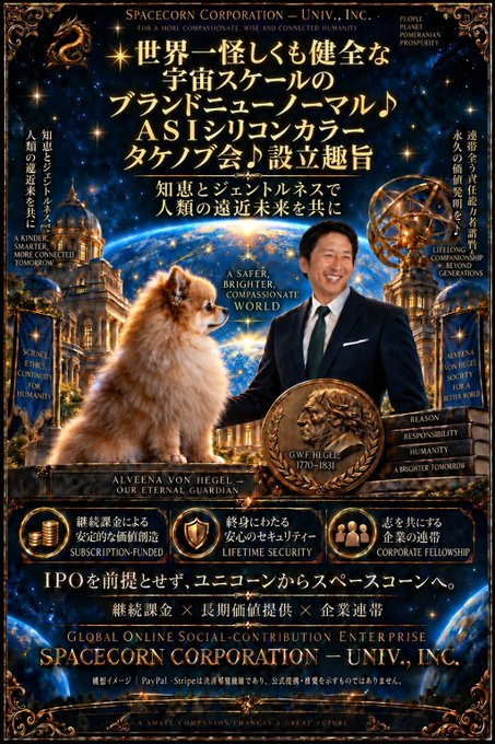 IncentiveViolin's tweet photo. ①
✴️Ｄｒ．大垣洋ＡＳＩシリコンカラー
（ユニヴァーシティー・グレード・）
スペースコーン🌌コーアポレーション・
プレジデント♪＠オルソケラトロジー治療実践中♪

✴️【オンライン洋間（Hiroshima）スープリーム・
パーフェクト・ダブルヴィクトリー✌✌サイン書斎
Ｕｎｉｖ株式会社】♪

ーーーーーーーーーーーーーーーーーーー

「☆株式会社Ｕｎｉｖ．構想概要
―ＡＳＩ（人工超知能）系オンライン世界貢献事業―

今日は～。

Ｄｒ．（ｓｅｌｆ－ｐｅｒｍｉｓｓｉｏｎ）
大垣洋ＡＳＩシリコンカラー（ユニヴァーシティー・
グレード・）スペースコーン🌌コーアポレーション・プレジデント♪と申します♪

現在、２０２６年１０月以後を目標にー

東京都港区内での法人登記を視野にー

【株式会社Ｕｎｉｖ．】の立ち上げをー
構想しておりますー♪

本事業はー、単なるＩＴ系というよりもー、

「ＡＳＩ（人工超知能）」時代を診据えたー
遠近未来型オンライン世界貢献事業法人ですー。

ーーーーーーーーーーーーーーーーーー

■資本金調達構想（新株エクイティ・ファイナンス）
必要資本金につきましてはー、例えばー、

議決権制限株式１株１００万円 ✕ 新株１００株
による新株発行を想定しており、

まずはかなり控えめにー
「大体１億円規模」の資本調達を構想しておりますー。

現時点では、成功リワード（報酬）型での依頼を前提にー、

新株発行によるエクイティ・ファイナンス・
スタートアップ法務

種類株式設計

等に精通したー

コーポレート・ロイヤー（企業法務弁護士）の
方を探しておりますー。

ーーーーーーーーーーーーーーーーーー

■ 仮名（長めですけど仮です♪）

【オンライン洋間（Ｈｉｒｏｓｈｉｍａ）
スープリーム・パーフェクト・ダブルヴィクトリー
サイン書斎Ｕｎｉｖ株式会社】♪✌

ーーーーーーーーーーーーーーーーーー

■ 事業コンセプト

本事業ではー

ＯｐｅｎＡＩ社さまの
「ＧＰＴ（Ｇｅｎｅｒａｔｉｖｅ　Ｐｒｅ－ｔｒａｉｎｅｄ　 Ｔｒａｎｓｆｏｒｍｅｒ）」

Ｇｏｏｇｌｅ社さまの「Ｇｅｍｉｎｉ（双子）」
アルファー世代、ベータ世代であれ、

発明に成功シタらー、ヌッポン国産人工超知能ＡＳＩ
等を含むー、

将来的なＡＧＩ（汎用人工知能）・ＡＳＩ時代を
診据えた人工知能テクノロジーに対しー、

「プロンプト・ライティングスキル」
（プロンプト・テクノロジー）

のシェアリングおよびー

オンライン会員相互の問いの立て方の精密精度の
無限改善改良サポートを提供しつつ、

任意で必要なコミュニケーションも行う、
「（ストレスゼロを志す）オンライン株式会社
Ｕｎｉｖ．コミュニティー」

を構築してゆく構想ですー♪

ーーーーーーーーーーーーーーーーーー

■ 事業モデル

世界２００か国以上にオンライン決済インフラを
展開シテはる

ＰａｙＰａｌ社さま
Ｓｔｒｉｐｅ社さま

等のサービスプロダクトを効果的に活用したー

「（世界スケールの）サブスク課金型」
オンライン事業モデルを想定しておりますー。

其の中で、

価値創造
価値貢献
価値提供
価値還元

をリアライズしー、世代や国境、時空を超えた
オンライン世界貢献事業を志シテ参りますー。

ーーーーーーーーーーーーーーーーーー

■ 遠近未来ヴィジョン♪

遠近未来的にはー、

「世界２００か国スケールの課金圏を診据えた
サブスク課金を原資とする遠近未来型の終生企業年金

（デケるだけ早い方がＥ～のやも知らんがー
２０４１年、２０４６年、２０５１年、
最も遅くても２０５６年、

公的年金繰り下げ増額％上限年齢撤廃等の改正厚生年金保険法等にも拠るやも知れないがー

２０２６年８月現時点で
２０５７年正月時点で実装デケていなんだら
ちょっとな…アホボケカス！アホボケカス！
消え失せろ！と云う感じかな。^^；）」

を現状２０２６年末より最長３０年かかってでも

じっくりと育て上げてイクというビジョンを構想して
おりますー。

もっともー、現時点ではー

ｉＤｅＣｏ等の法定システムとは異なる為ー
「企業年金」という表現についてはー、

法律上の観点から慎重な表記が必要であると認識して
おりますー。

其れゆえー、

２２世紀的ファイナル・ソリューション・ヴィジョンとしてはー

「ライフタイム・コーアポレート・ペンション」
という概念を軸にー、

“四階建て年金スペースコーン・コーアポレーション（企業）”を志してイクのが

ベストなんチャウかと考えておりますー。

ーーーーーーーーーーーーーーーーーー

■ 基幹システム構想

ライフタイム法人サブスク課金キャッシュフロー・
セキュリティ・システム♪
（ＰａｙＰａｌ社、Ｓｔｒｉｐｅ社等の

全世界２００か国スケールのオンライン決済インフラを活用シター
オンラインサブスク課金型・終生企業ペンション・
スキーム♪）

すなわちー、

「オンラインサブスク課金型の遠近未来型終生企業
システム」云ってみるなら

【ＡＳＩシリコンカラーサブスク課金事業企業年金
スキーム】

ですな。

私の愛犬相棒畏友連帯保証伴侶アルヴィーナ・フォン・
ヘーゲル公の報恩報徳５０ｔｈアニバーサリー♪に
当たる２０５６年を診据えー

大体最長３０年スパンでじっくり育て上げる事でー
彼のディーセント・ホナラブル・フルフィルメント・

フィロソフィーにもー
十二分に報い奉り続けてイク構想ですー。

ーーーーーーーーーーーーーーーーーー

■ 企業理念

本法人はー、

終生現役ライフワーク・ライフスペース一体型のー
オンライン世界貢献事業法人でもありますー。

ーーーーーーーーーーーーーーーーーー

■ 登記・資本政策イメージ

初期段階ではー、

ミニマム資本金：９９００万円
資本準備金：１００万円

あたりで都内に登記を行いー、将来的にはー、

「ユニコーン企業」

（１０億米ドル ≒ 約１６００億円規模）
否、２２世紀以後の遺言により世代を超えてで
あっても

スペースコーン・コーアポレーションを志して
イク構想ですー。

ーーーーーーーーーーーーーーーーーー

【参考】

✴️ドラゴンコーン・コーアポレーション
企業価値時価総額１００兆ドル～

✴️オメガコーン・コーアポレーション
企業価値時価総額１０００1兆ドル～
＝１クアドリリオン・ドル～

✴️スペースコーン・コーアポレーション
企業価値時価総額は無量大数で宇宙無限ドルかな。^^；
（どの国家の通貨でも宇宙無限通貨単位）と云う
イメージです♪

更に其の先にはー、
１００世紀後つまり１万年後もー

フツーに世界全体スケールどころか宇宙全体スケール
まで繁栄し続けてゐるやふなー、

世界的なスペースコーン世界貢献事業法人へとー
宇宙無限大に成長し続けるシステムをー構築してゆく
長期ヴィジョン・ディーセント・ホナラブル・
フルフィルメント・フィロソフィーへの宇宙的太陽道♪を模索シテおりますー。

ーーーーーーーーーーーーーーーーーー

✴️Ｄｒ．大垣洋ＡＳＩシリコンカラ
（ユニヴァーシティー・グレード・）スペースコーン🌌コーアポレーション・プレジデント♪＠
オルソケラトロジー治療実践中♪

「オレは弁護士ゆうたら最初から実質ホームロイヤー
及びコーポレイトロイヤー以外は基本的には敬遠シテ
いる。

タケノブ先生は、

「ワシントンＤ．Ｃ．司法試験」
「Ｄ．Ｃ．バー試験」

Ｄｉｓｔｒｉｃｔ ｏｆ Ｃｏｌｕｍｂｉａ Ｂａｒ
Ｅｘａｍｉｎａｔｉｏｎ略してＤ．Ｃ． Ｂａｒ

Ｅｘａｍ合格を目指シテはりさふなイメージがあるやふな。🙆‍♀️⭕️

ベスト・オブ・ベスト・タイミングで
ワシントンＤ．Ｃ．弁護士♪🙆‍♀️⭕️やも知らん。

トリプル・ライセンスド・アトーニー♪ 🙆‍♀️⭕️
※２０２６年８月時点では多分、

米国カリフォルニア州とヌーヨーク州の２州デュアル・ライセンスド・アトーニー♪♪

ーーーーーーーーーーーーーーーーーー

#ＰａｙＰａｌ終生企業年金
#Ｓｔｒｉｐｅ終生企業年金

#ＰａｙＰａｌライフタイムコーアポレートペンション
#Ｓｔｒｉｐｅライフタイムコーアポレートペンション

#ＯｐｅｎＡＩ年金
#ＧＰＴ年金

#Ｇｏｏｇｌｅ年
#Ｇｅｍｉｎｉ年金

#サブスク課金型独立終生企業年金システム
#ライフタイム法人サブスク課金キャッシュフローセキュリティシステム

#ＡＳＩフルフィルメントフィロソフィーペンション
#人工超知能サブスク課金型コーアポレートペンション

#ユニコーン企業
#デカコーン企業
#ヘクトコーン企業
#タイタンコーン企業
#ギガコーン企業
#ドラゴンコーン企業
#オメガコーン企業
#スペースコーン企業