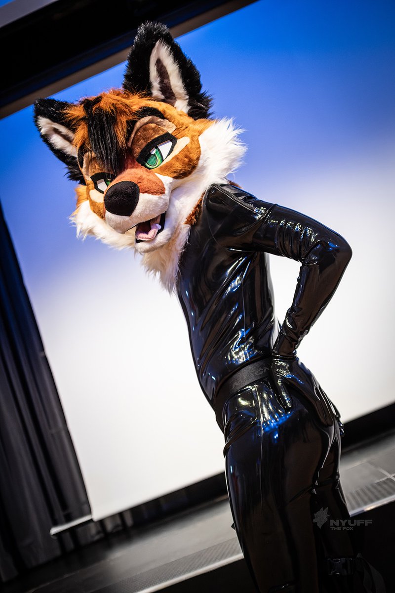 Tekula_wolf2's tweet photo. Bite my shiny metal… I mean rubber 🍑! 

📸: @Nyuff_TheFox 

#shinysunday #squeakysunday #latex #latexfur #rubberfur https://t.co/KkothmPJTn