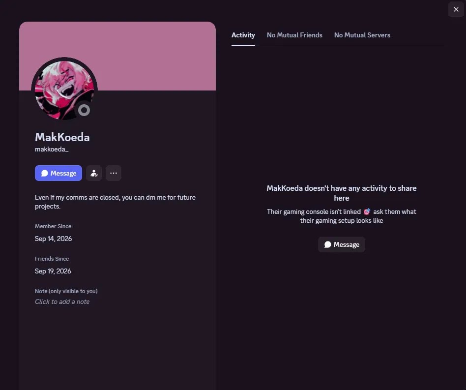 MakKoeda's tweet photo. IMPERSONATION ALERT📣
This discord account named "makkoeda_" is NOT ME
I've received several reports from a fake account impersonating me using my VGen profile description and a low quality picture.   Please REPORT THIS ACCOUNT and DON'T accept any commission request. https://t.co/u94L2uIpTx