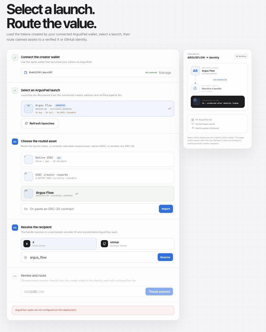 Argus_Flow's tweet photo. Now testing the route feature for @Arguspad which would allows the token deployers to connect their wallet -> look for the launches -> select one -> resolve the X account they want to route the fees to. 

Now with #ArgusFLow you can route fees to any @handle https://t.co/ogP2mI9wth