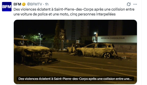 Ulkorr's tweet photo. @BFMTV correction de fake news du merdia israelien bfmerde
ce n'étais pas une "collision" mais un coup de bélier mortel porté par la police raciste en s'obstinant tjrs et encore à pourchasser des jeunes en motos...

imagnez donner un permis de TUER à ces FDPP de racsites systémique https://t.co/ygjfLLHovV