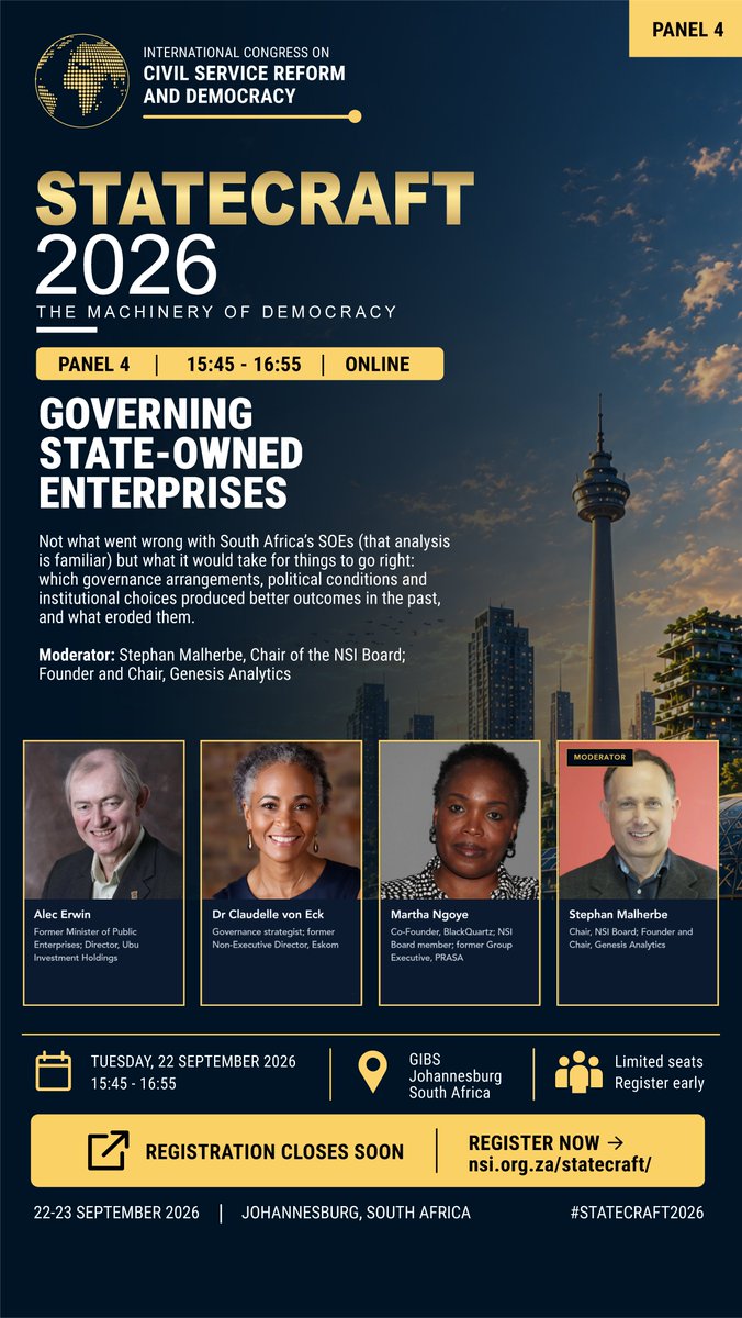 the_nsi's tweet photo. More from the #Statecraft2026 programme.

What would it take for South Africa’s state-owned enterprises to work? Panel 4 turns to the governance and institutional choices that matter.

22–23 September | @GIBS_SA + online

Register: https://t.co/Gi7twxtlhB https://t.co/D1czJPUnon