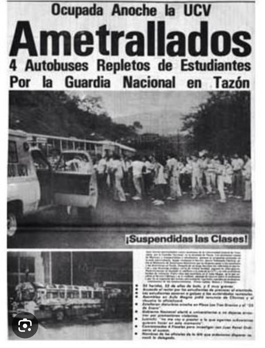 ChavezErtugrul's tweet photo. 42 años de la masacre de Tazón, 19 Sept 1984

Gobierno de Jaime Lusinchi, de Acción Democrática AD

Más de 200 estudiantes del núcleo UCV Maracay, en 4 autobuses se dirigían a Caracas a exigir derechos

Lusinchi había aplicado recortes en la Vzla saudita

Así fue la 4ta República https://t.co/qJnAtyO9vh