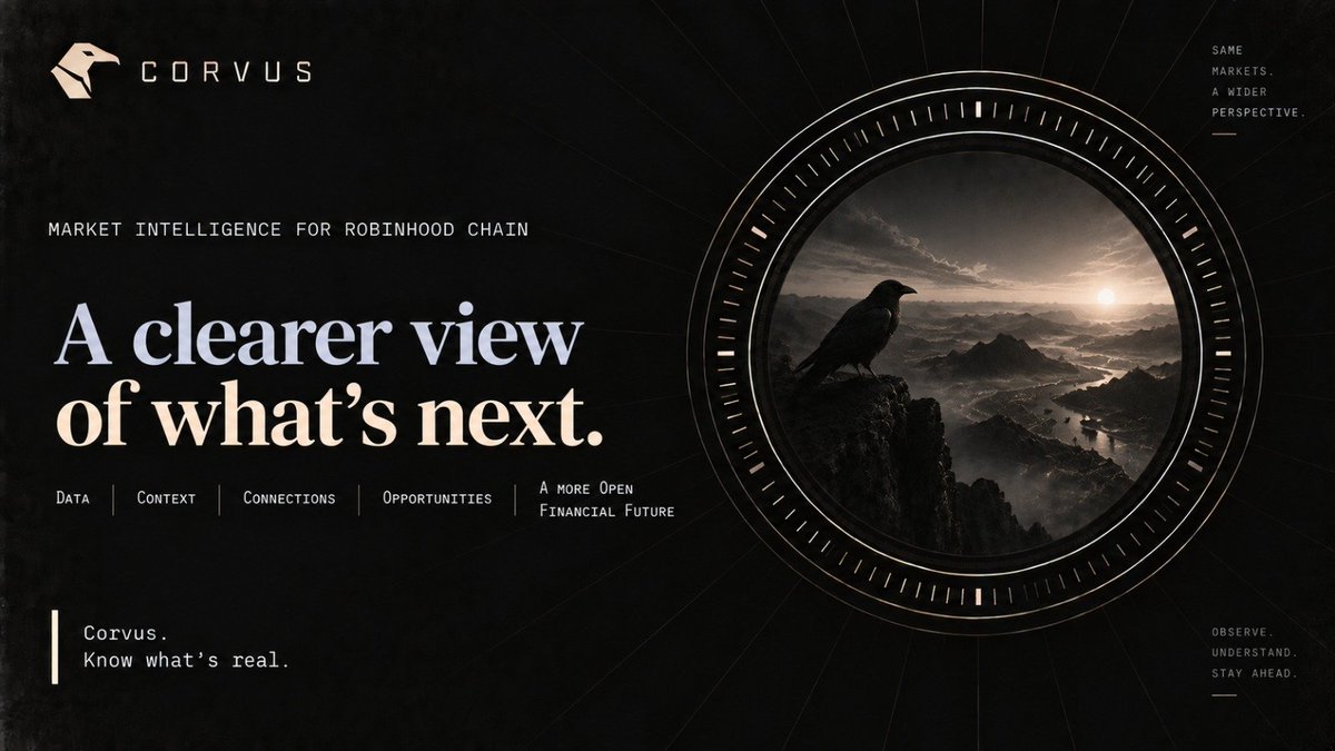 CorvusTerminal's tweet photo. The market never stops changing.

New information appears.
Narratives shift.
Liquidity moves.
Relationships change.

Corvus gives you one place to follow those changes across traditional markets and on-chain activity.

Track what changed.
Understand the context.
Know what to watch next.

A clearer view of the market.

Know what's real.