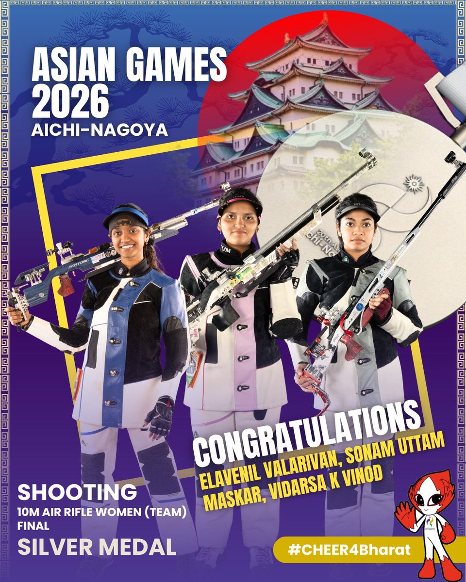 HardeepSPuri's tweet photo. A moment of immense pride as Elavenil Valarivan, Sona Makar and Vidarsa K Vinod secure India’s first medal at #AsianGames2026, a Silver Medal in the Women’s 10m Air Rifle Team event.

Heartiest congratulations to our champions on their brilliant performance.

Wishing Team India many more moments of glory at the Asian Games! 
Congratulations, Champions!
