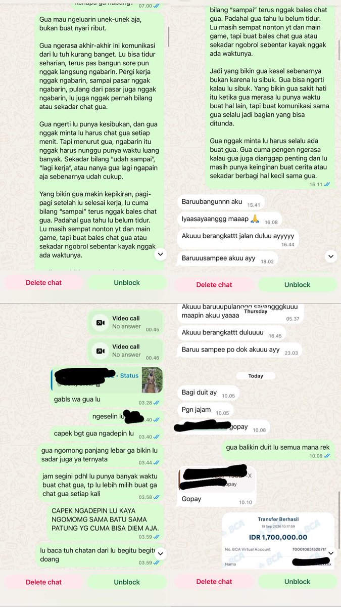 KapudS640's tweet photo. Jangan bilang saya gila 🤡

8 tahun pacaran. 2 tahun yang lalu udah lamaran. Sampai sekarang gak nabung sama sekali.

Sekalinya mulai nabung, baru kekumpul Rp1,7 juta… eh duitnya malah diminta mulu, entah buat jajan lah, apa lah 🤡😭

FYI, kalau berantem sama dia bisa sampai 8 bulan–1 tahun. Tapi kalau kali ini aku memutuskan untuk selesai, pertimbangannya udah matang banget.

Aku udah diskusi sama orang-orang yang aku percaya, dan orang tua juga support keputusan yang terbaik buat kebahagiaan aku.

Jadi ini bukan keputusan karena emosi sesaat, dan aku gak ada niat untuk balik lagi 🙏🥰

Chat dari dia setahun yang lalu aku forward ke Mama.

Dulu setiap hari Mama nanyain persiapan, “Udah siapin apa aja?”, “Jangan boros,” “Tanggal berapa resepsi?” dan banyak hal lainnya.

Tapi setelah aku kirim chat itu, Mama gak pernah nanyain soal itu lagi sampai sekarang.

Mungkin Mama berpikir, kebahagiaan aku ada di tangan aku sendiri, dan keputusan tentang hidup aku juga ada di tangan aku.