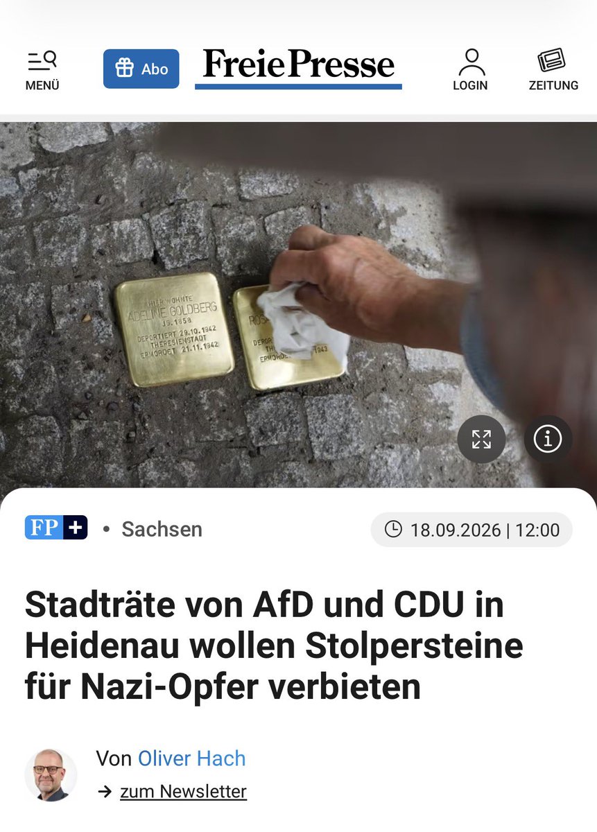 IsraelinGermany's tweet photo. Wie kann das im Deutschland des Jahres 2026 überhaupt eine Debatte sein?

Am Vorabend von Jom Kippur, dem höchsten jüdischen Feiertag, wollen gewählte Vertreter in Heidenau neue Stolpersteine für Opfer der Nationalsozialisten verbieten – und ihre Erinnerung aus den Straßen an den Stadtrand verbannen.

Diese Steine tragen Namen. Erinnern an Leben. An Nachbarn, die deportiert und ermordet wurden.

Ihre Erinnerung gehört mitten in unsere Städte. Nicht versteckt an deren Rand.

Das ist beschämend.

Und vor den anstehenden Wahlen in Berlin und Mecklenburg-Vorpommern muss eines klar sein: Deutschland braucht eine Brandmauer gegen Antisemitismus – von ganz rechts und ganz links. Ohne Ausnahme.