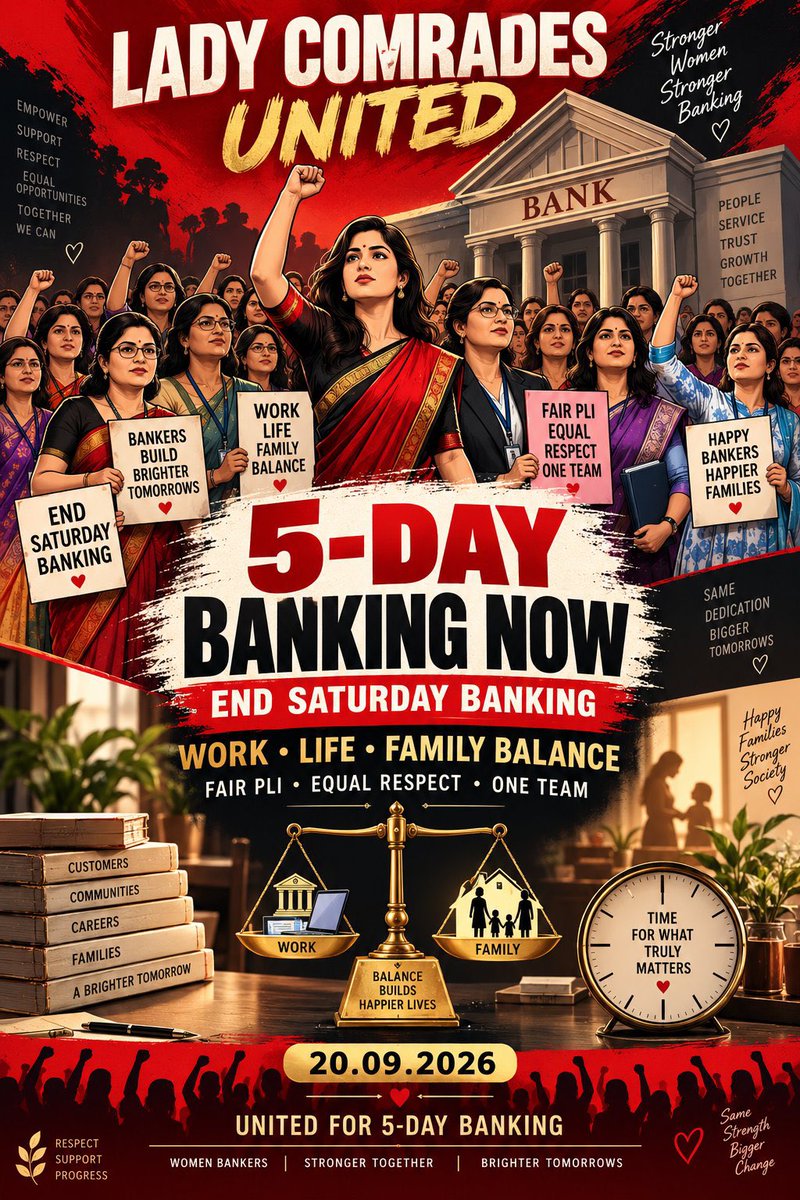 aditya_kvssc's tweet photo. 🔥 Saturday belongs to families, not files.

Women bankers are raising their voices for WORK • LIFE • FAMILY BALANCE.
A stronger banking system needs stronger, happier bankers.

It’s time to move forward together.
ONE TEAM. ONE VOICE. 5-DAY BANKING NOW! ✊

#5DayBankingNow #FBOIOA

Repost if you stand with 5-day banking. 🔁
