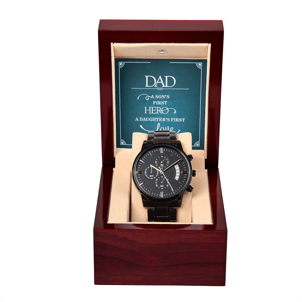 roonoslloyd's tweet photo. Give a lasting token of pride with A Son's First Hero — Black Chronograph Watch. Rugged, reliable, three-dial face + calendar for daily wear and milestone moments. A reserved, confident gift at $128.96. #Watches #MensFashion Tap the link in bio. https://t.co/CjL4KnxcT2