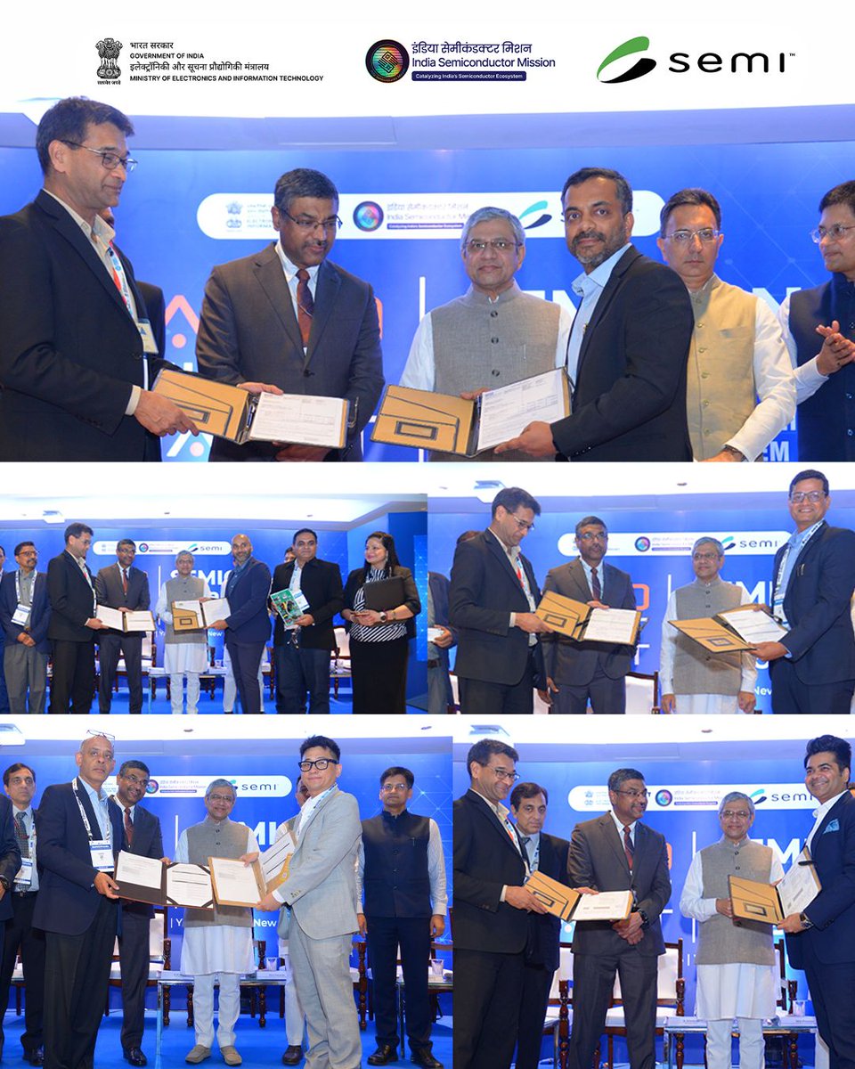 SemiconIndia's tweet photo. ⚡SEMICON India 2026 Highlights⚡

Day 2 of #SEMICONIndia2026 saw 25 key MoUs, #announcements and collaborations spanning #semiconductor manufacturing, materials, logistics, chip design, advanced packaging, power electronics and workforce development.  

 #SEMICONIndia #ViksitBharat #AtmanirbharBharat