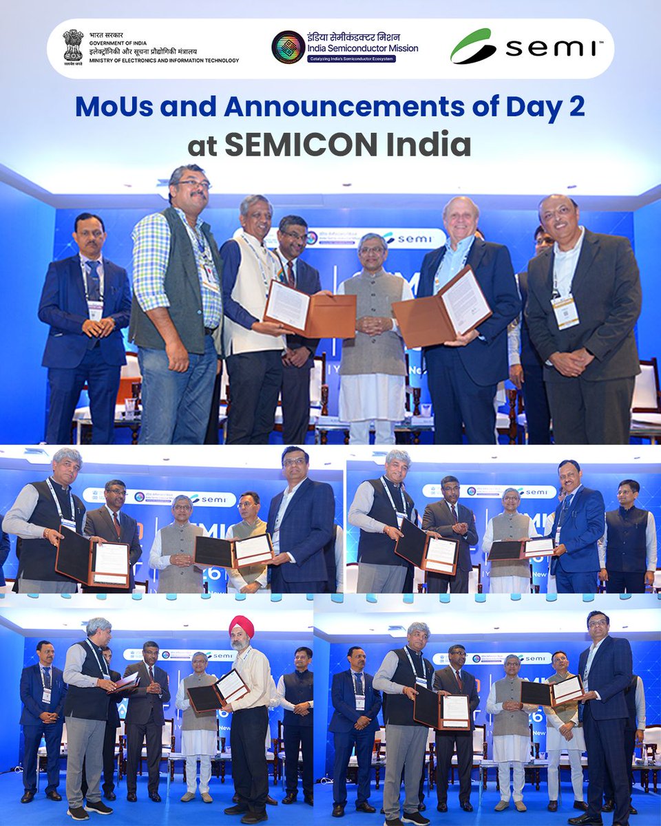 SemiconIndia's tweet photo. ⚡SEMICON India 2026 Highlights⚡

Day 2 of #SEMICONIndia2026 saw 25 key MoUs, #announcements and collaborations spanning #semiconductor manufacturing, materials, logistics, chip design, advanced packaging, power electronics and workforce development.  

 #SEMICONIndia #ViksitBharat #AtmanirbharBharat