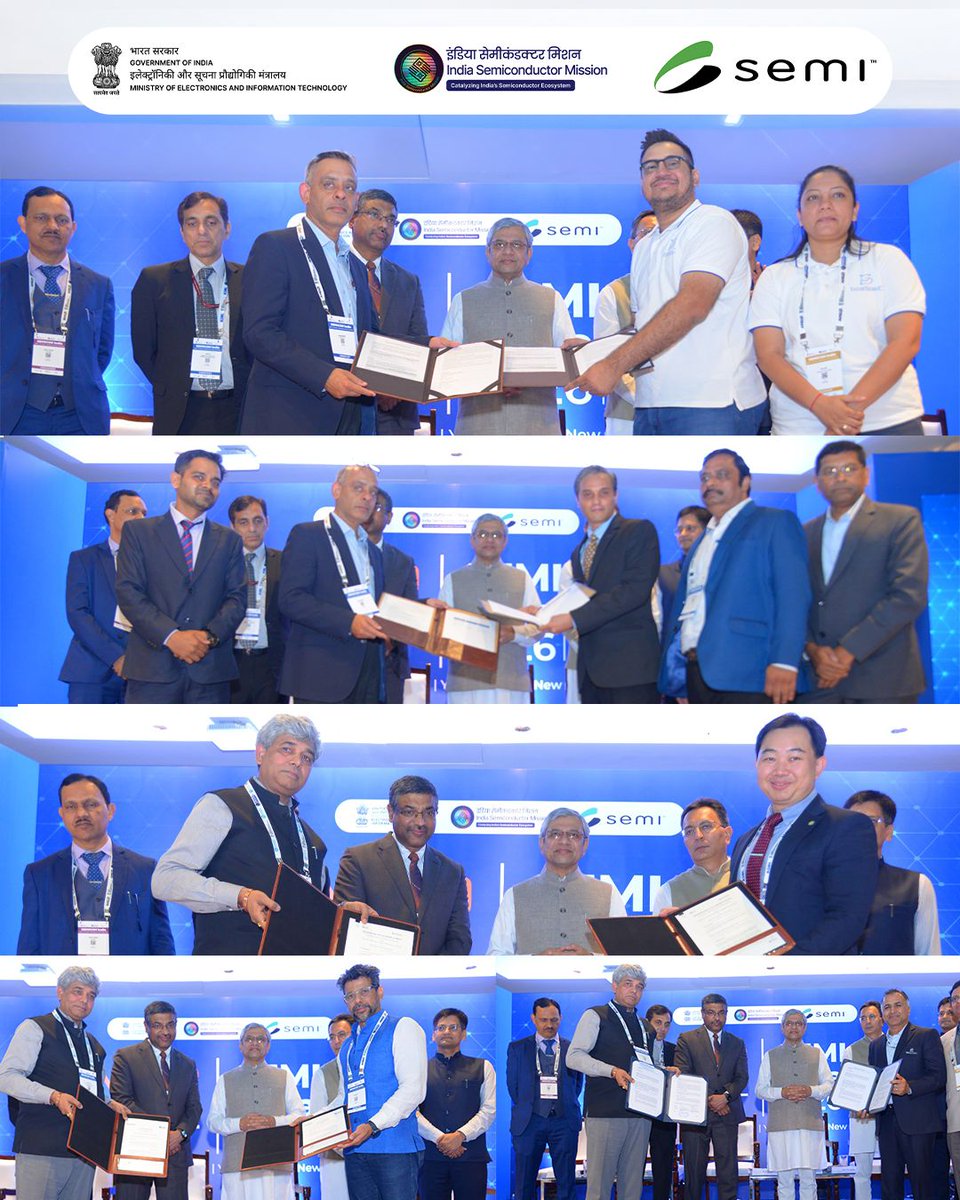 SemiconIndia's tweet photo. ⚡SEMICON India 2026 Highlights⚡

Day 2 of #SEMICONIndia2026 saw 25 key MoUs, #announcements and collaborations spanning #semiconductor manufacturing, materials, logistics, chip design, advanced packaging, power electronics and workforce development.  

 #SEMICONIndia #ViksitBharat #AtmanirbharBharat
