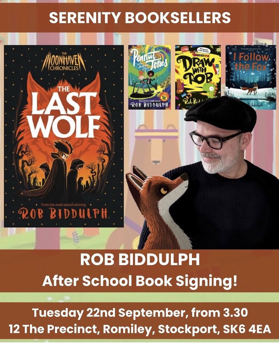 RobBiddulph's tweet photo. I’m popping into Serenity Booksellers in Romiley, Stockport this Tuesday (22 Sept) for an after-school book signing. I’ll be there from about 3.30pm, so do come and say hi! And if you’ve been doing #DrawWithRob, bring your pictures along — I’d love to see how you've been getting on... ✏️