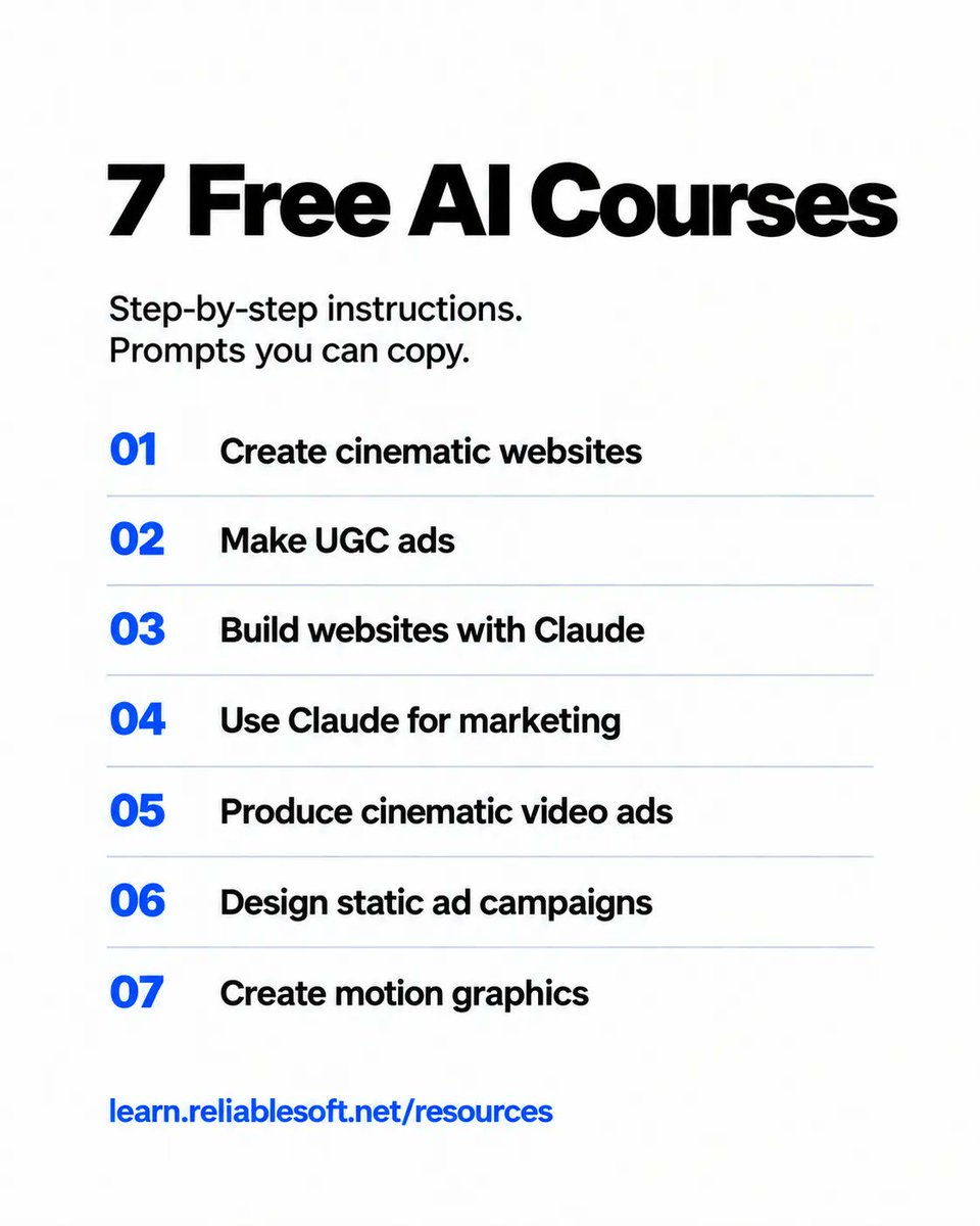 ReliablesoftNet's tweet photo. People think building with AI takes months. It doesn't.

I’ve put together 7 free guides:

• Websites
• UGC ads
• Marketing
• Video ads
• Static ads
• Motion graphics

Steps + prompts you can copy.

Pick one to try this afternoon.

Link in the reply. Bookmark for later. https://t.co/R9kHGL8QDc