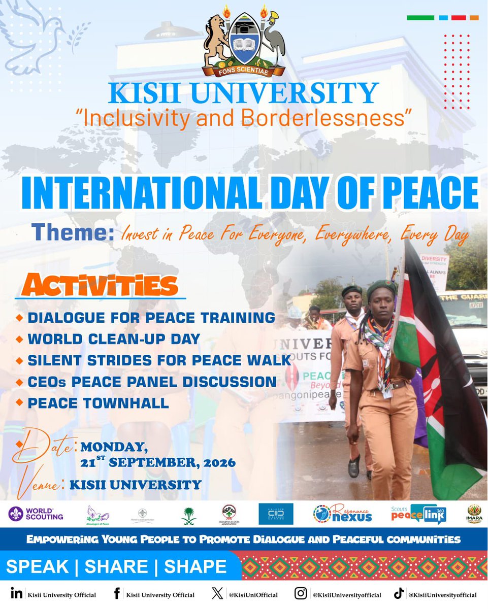 imarayouthKE's tweet photo. TOMORROW at Kisii University! Join us for the International Day of Peace celebrating "Inclusivity and Borderlessness."
Theme: Invest in Peace For Everyone, Everywhere, Every Day
Dialogue training | Clean-up day | Peace walk | Panel discussions
Together, we #BuildPeace π https://t.co/Vdd9rhw2ts
