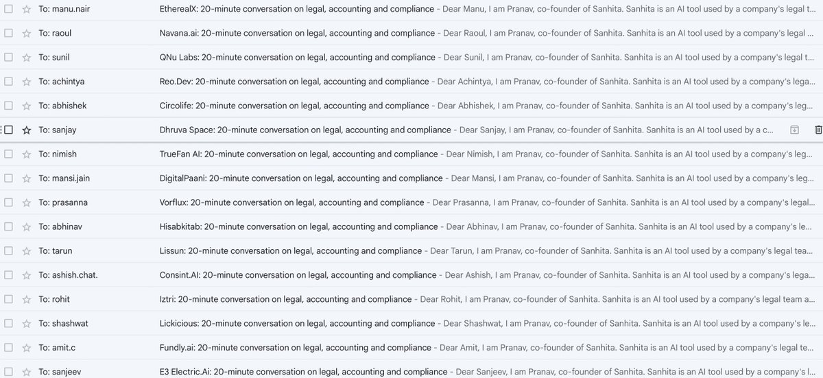 Pranavdumb's tweet photo. Sent 40 emails this morning, one at a time, to 40 different founders.

We're an early-stage startup, still building the product, so I'm not selling anything finished. I'm asking questions instead. I open by finding out what's actually breaking for them right now in legal, accounting or compliance, not by describing what we're building. The product only comes up if it's genuinely relevant to what they tell me.

A few weeks into doing outbound this way, and the pattern is clear: most cold outreach leads with the product and asks nothing. Flipping that order changes the whole conversation, and honestly it's shaping what we actually build next.

If you're a founder and this is how you'd want to be approached, or you do outbound yourself and have a different approach that works, I'd like to hear it. Reply or DM.