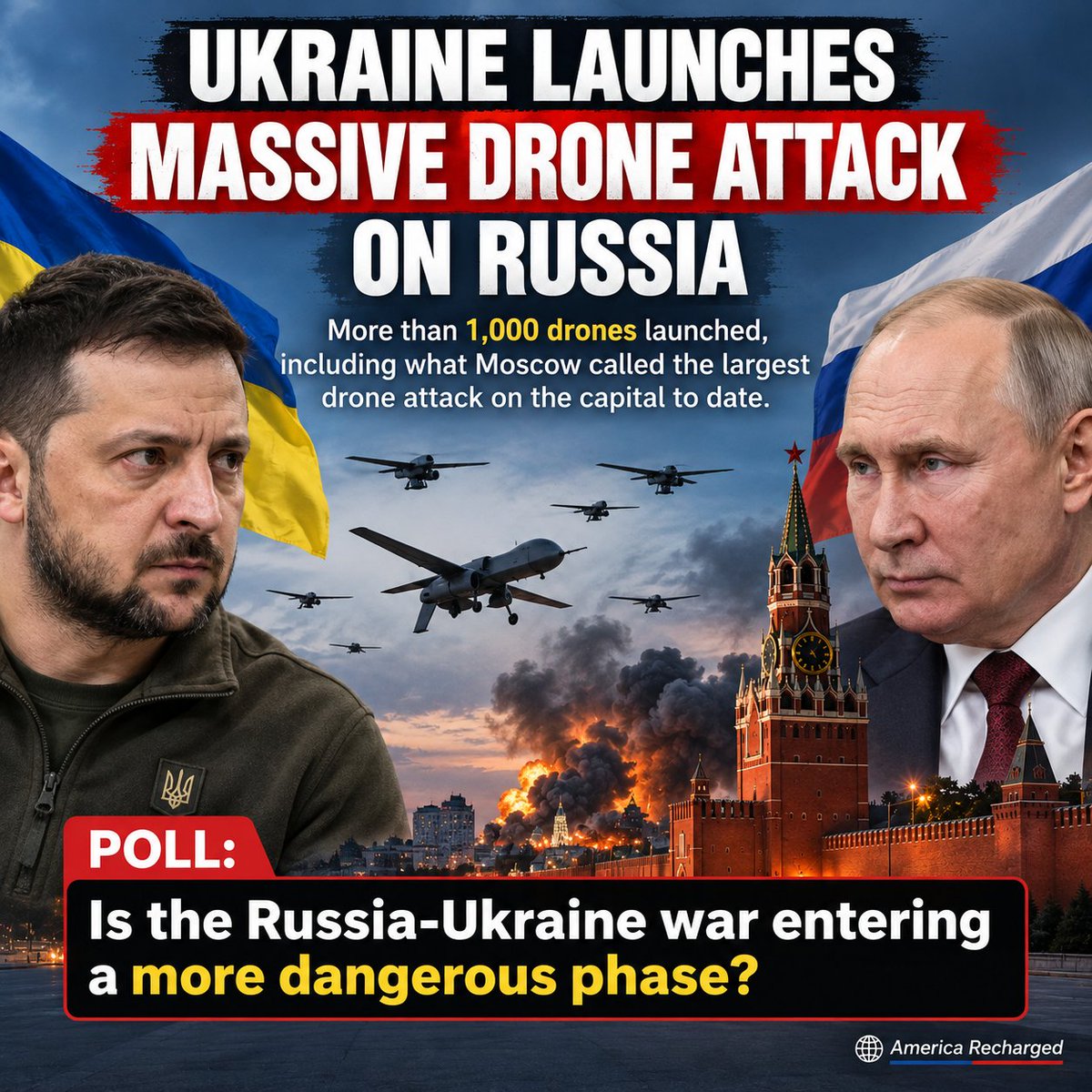 RT by @mikenov: RT by @mikenov: 🇺🇦🇷🇺 Ukraine-Russia tensions escalate: Ukraine launched more than 1,000 drones, with Moscow calling it the largest drone attack on the capital to date. 🇺🇦 Zelenskyy | 🇷🇺 Putin Is the Russia-Ukraine war entering a more dangerous phase? 🚨