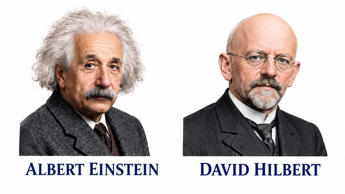 Math_files's tweet photo. In 1915, Albert Einstein and David Hilbert were independently racing toward the mathematical formulation of general relativity.

Hilbert submitted his paper shortly before Einstein presented the final form of his field equations, leading to a famous priority dispute.

But the deeper story is not simply about who wrote the equations first. Einstein had the physical vision: gravity as the geometry of spacetime. Hilbert brought powerful mathematical tools to the problem.

A later remark attributed to Hilbert captures the distinction: “Every boy in the streets of Göttingen understands more about four-dimensional geometry than Einstein. Yet Einstein did the work and not the mathematicians.”

The history of general relativity is a reminder that mathematics and physics can meet in unexpected ways. Sometimes the crucial step is not inventing new mathematics, but knowing which mathematics describes nature.

Einstein had the physical question. Mathematics provided the language. General relativity emerged where the two met.