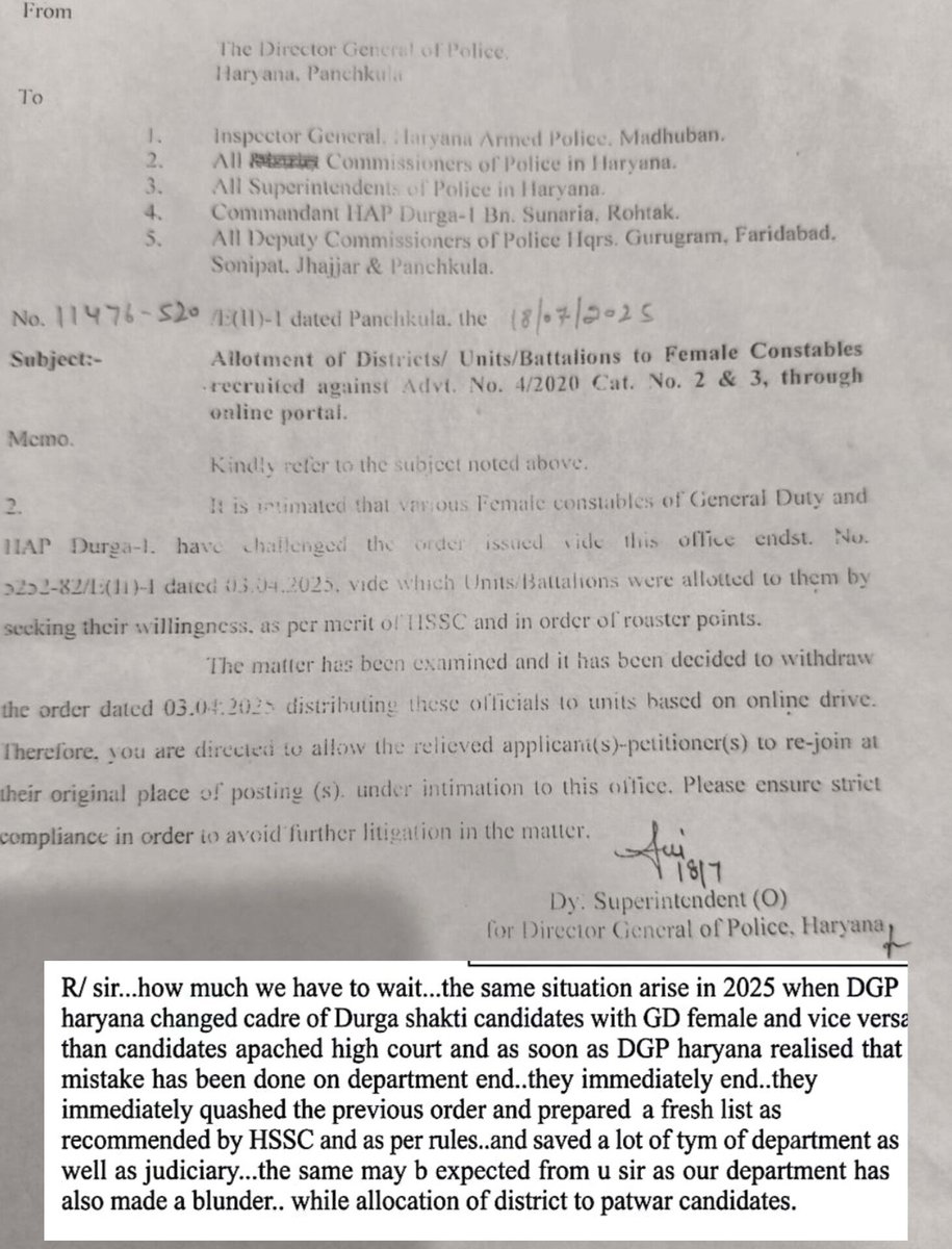 KuldeepRamkbs40's tweet photo. @yashpalmurar R/Sir, how much longer do we have to wait? In 2025, DGP Haryana corrected a similar cadre-allocation error by quashing the order and issuing a fresh list as per HSSC recommendations and rules. We request similar correction in Patwari department allocation. 🙏🏻 https://t.co/zP3lZpSvSF
