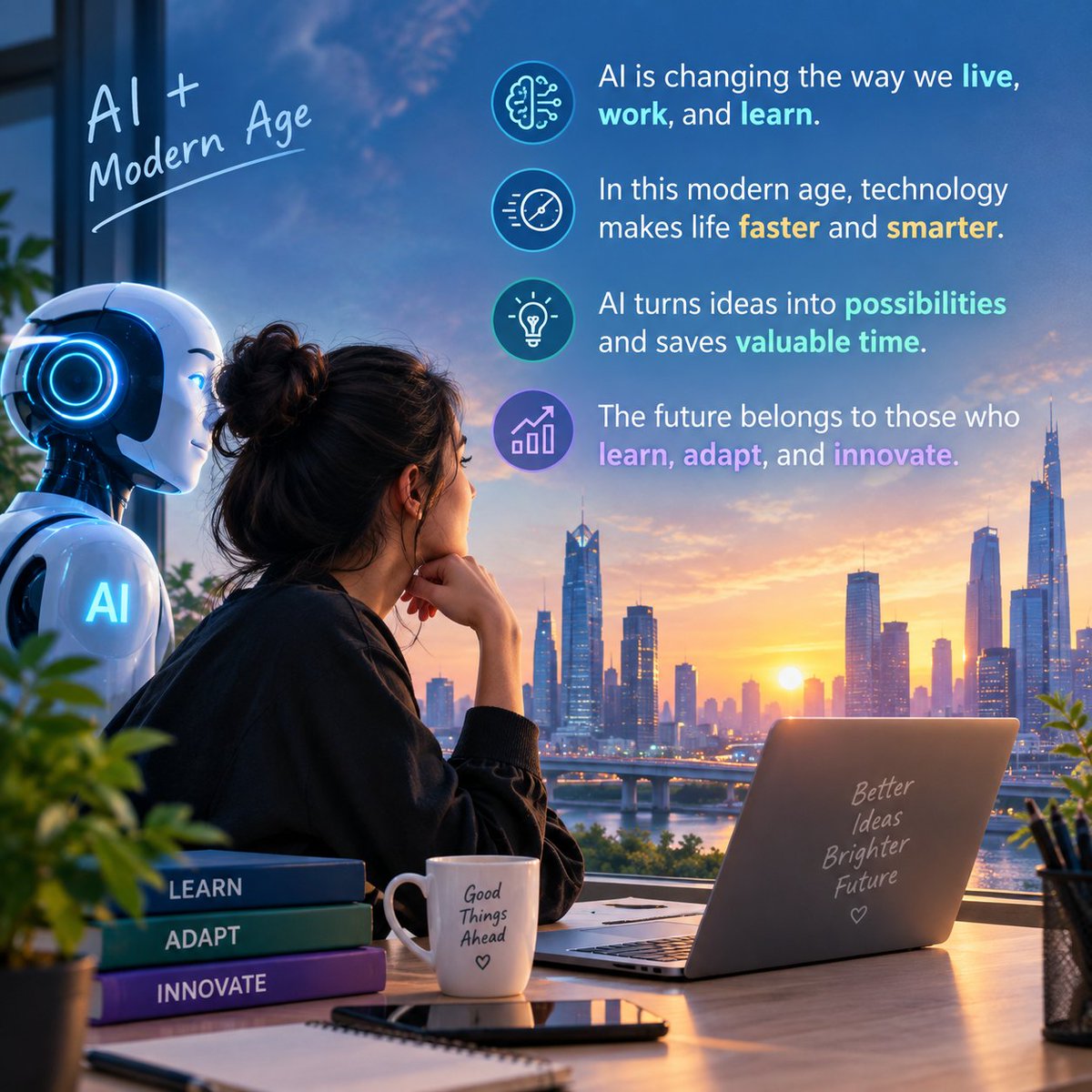ItsSehrish's tweet photo. AI is changing the way we live, work, and learn.
In this modern age, technology makes life faster and smarter.
AI turns ideas into possibilities and saves valuable time.
The future belongs to those who learn, adapt, and innovate. 🤖✨
#ModernAge #FutureTech #AIInnovation https://t.co/M5V8SNFRoO