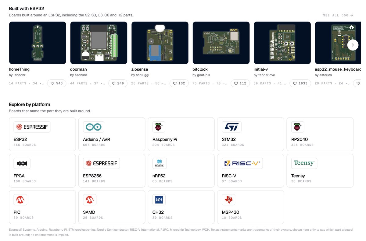 justinplaygame's tweet photo. Open-source hardware finally has a homepage.

7,600+ designs you can actually browse.

1) Browse by hardware: robotics, RF, power, IoT, keyboards...
2) Browse by platform: ESP32, Arduino, STM32, Raspberry Pi, RP2040, FPGA...
3) Open any project directly in our browser EDA + MCAD

But finding the design is only the start.

AI lives right next to the editor and understands the project you have open.

Ask how the circuit works. Ask why a component is there. Explore the PCB + mechanical design. Then fork it, change it, and make it yours.

https://t.co/Jy4IDQhZ4L

p.s. we're not trying to make another place to store hardware files. we're trying to make hardware searchable, understandable, and editable.