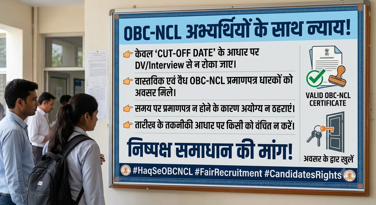 justicesocial_'s tweet photo. सवाल सीधा है—यदि अभ्यर्थी वास्तविक OBC-NCL है और निर्धारित शर्तें पूरी करता है, तो केवल Certificate की तारीख के आधार पर उसे भर्ती प्रक्रिया से बाहर करने का आधार क्या है?@KVS_HQ @EduMinOfIndia @PMOIndia #OBCNCL #KVSRecruitment
@AnilYadavmedia1 https://t.co/g3fdnS1Ize