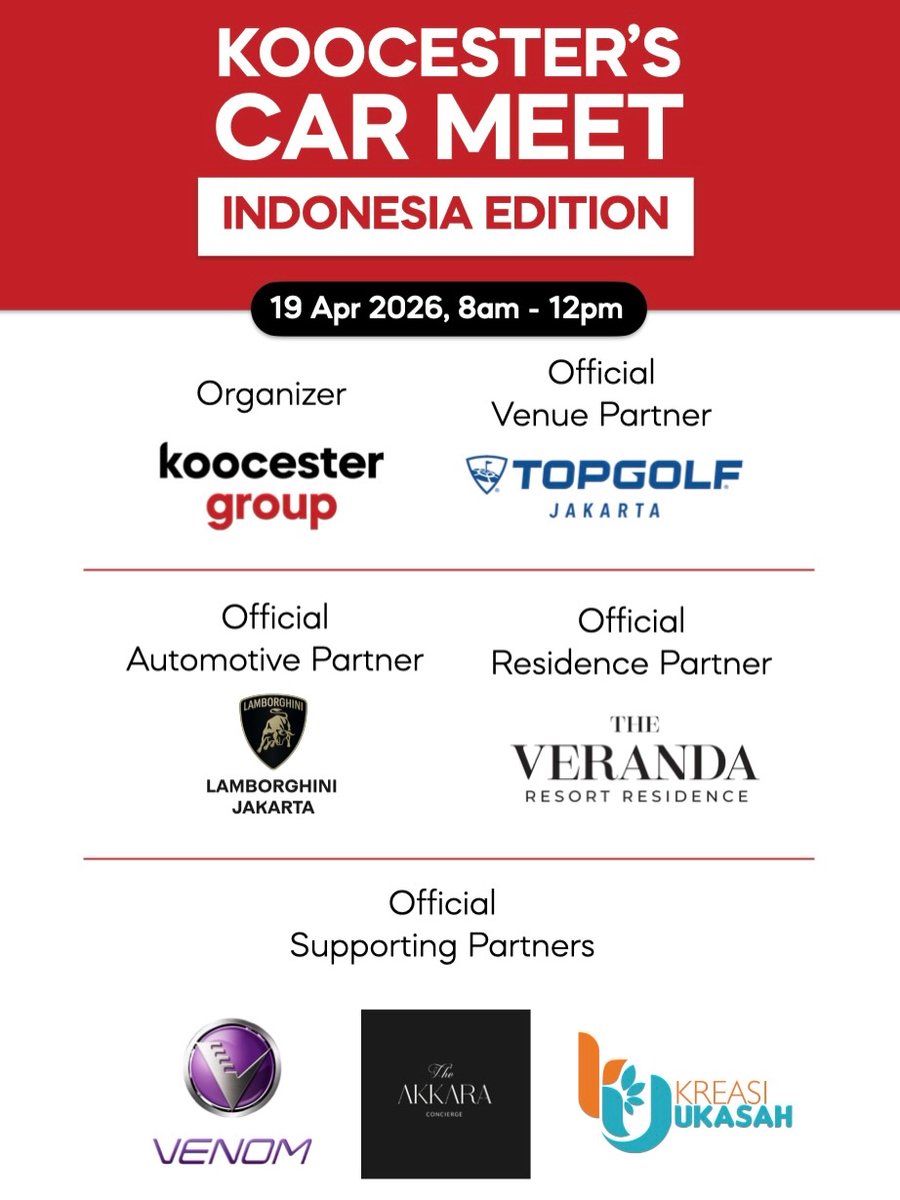 VeiBanguela's tweet photo. One more day until our next big car event of 2026! KOOCESTER’S CAR MEET: INDONESIA EDITION
19 April 2026, 8am–12pm
Topgolf Jakarta Fatmawati, South Jakarta

Celebrating people, cars, and culture. See you there! Sponsorship and partnership inquiries https://t.co/zhhq7Yw1Ke