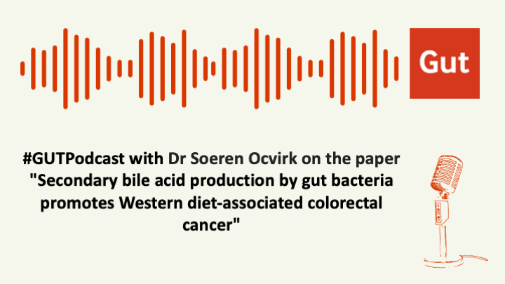 Gut_BMJ's tweet photo. 🧬🦠 What connects a Western diet, the gut microbiome and colorectal cancer?

New #GUTPodcast with Dr Soeren Ocvirk discusses new research by Osswald et al. in Gut: “Secondary bile acid production by gut bacteria promotes Western diet-associated colorectal cancer.”

The study provides experimental evidence that secondary bile acids—particularly deoxycholic acid (DCA)—produced by 7α-dehydroxylating gut bacteria can promote colorectal tumour development in the context of a Western diet.

Using a combination of a porcine CRC model, multi-omics, gnotobiotic mouse models and human colon organoids, the researchers show that specific bile-acid-producing bacteria can increase DCA production, epithelial proliferation and tumour burden.

Importantly, manipulating this pathway reduced tumour-promoting effects, pointing towards the gut microbiome–bile acid axis as a potential target for prevention.

For clinicians and scientists, this is an important step from correlation towards causality.

For everyone else: it adds another piece to the puzzle of how what we eat, our gut microbes and the chemistry they produce may interact in colorectal cancer risk.

🎧 Listen to Dr Ocvirk discuss the study:

▶️ Apple: https://t.co/c3J1MTOz4r

▶️ Spotify: https://t.co/NEfkbmsB6m

▶️ Web: https://t.co/QonYcKltmZ

📄 Paper: https://t.co/5uHtW3Qcvj

#GUTPodcast #ColorectalCancer #CRC #GutMicrobiome #BileAcids #Microbiome #CancerResearch #Gastroenterology #GutHealth