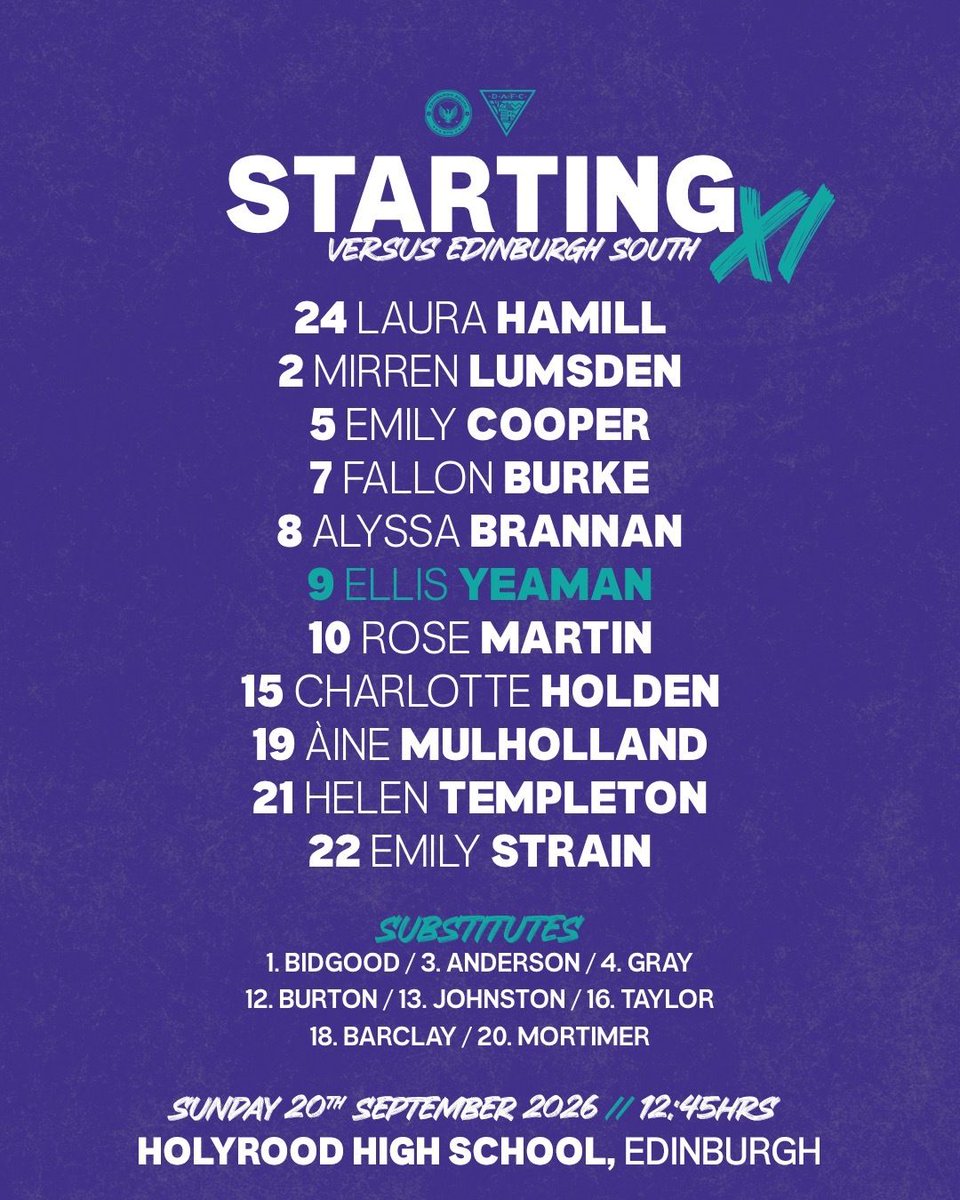 officialdawfc's tweet photo. Our ππππ«ππ’π§π ππ for todayβs Scottish Cup game with Edinburgh South this afternoon.
π©π»ββοΈ Yeaman takes the armband
π§€Hamill between the sticks
πͺπ» Cooper in the heart of defence
EDI v DUN | #DAWFC | @ScottishCup https://t.co/lxbdAa0m4J