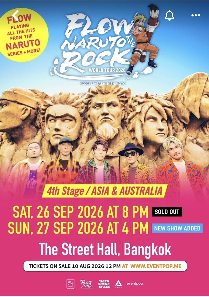 allmysos's tweet photo. 🎸 ปล่อยบัตร FLOW WORLD TOUR 2026 “NARUTO THE ROCK”
📍 The Street Ratchada, Bangkok
📅 26 ก.ย. 2569 
🎟️ GA Standing | Early Bird
ราคากดวันแรก 1,800 ปล่อยต่อ 1,500 
ลด 300 บาท 💸 E-Ticket
✅ โอน Eventpop ได้
📩 สนใจทัก DM ได้เลย
ขอคนพร้อมโอน/พร้อมรับบัตรนะคะ 🙏🏻
#FLOWWORLDTOUR2026 https://t.co/Xv5tJSHhTg