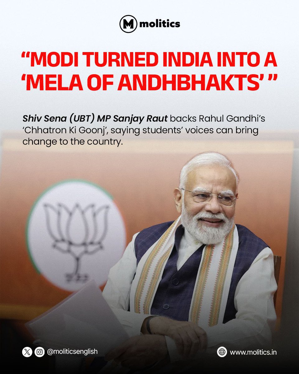 MoliticsEnglish's tweet photo. Shiv Sena (UBT) MP Sanjay Raut backs Rahul Gandhi’s ‘Chhatron Ki Goonj’, saying students’ voices can bring change in the country.

#SanjayRaut #RahulGandhi #ChhatronKiGoonj #IndianPolitics #Students https://t.co/Vf19LQEVbF