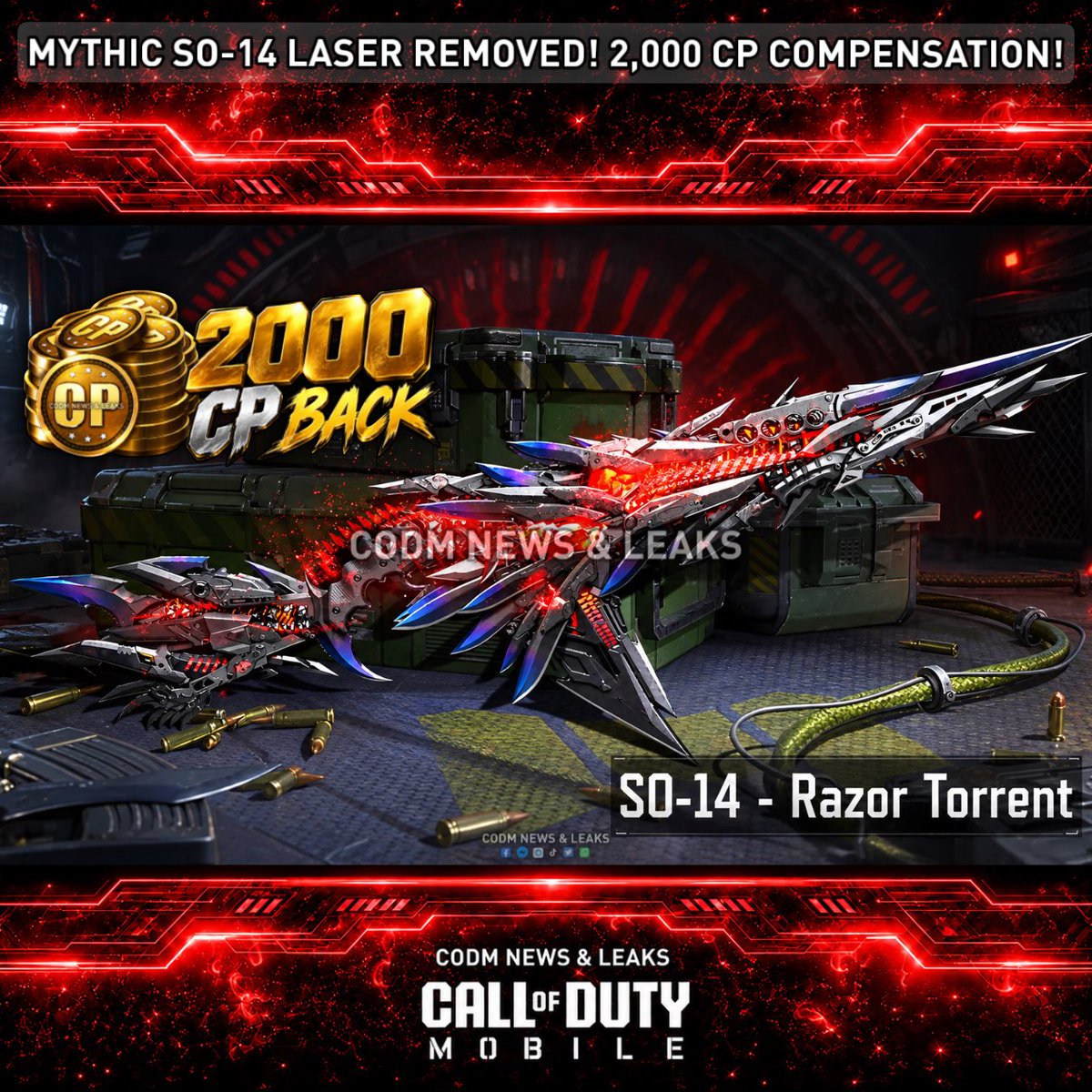 CODMLeaksHQ's tweet photo. 🚨 CODM CN APOLOGIZES OVER MYTHIC SO-14 LASER DESIGN!
The Corio LAZ-44 V-3 Laser has been removed for review and redesign.
🎁 Owners of the Mythic SO-14 - Razor Torrent will receive 2,000 CP via in-game Mail.
⚠️ No info yet on Global or Garena compensation.
#CODMobile #CODM https://t.co/eM5LbYaCzp
