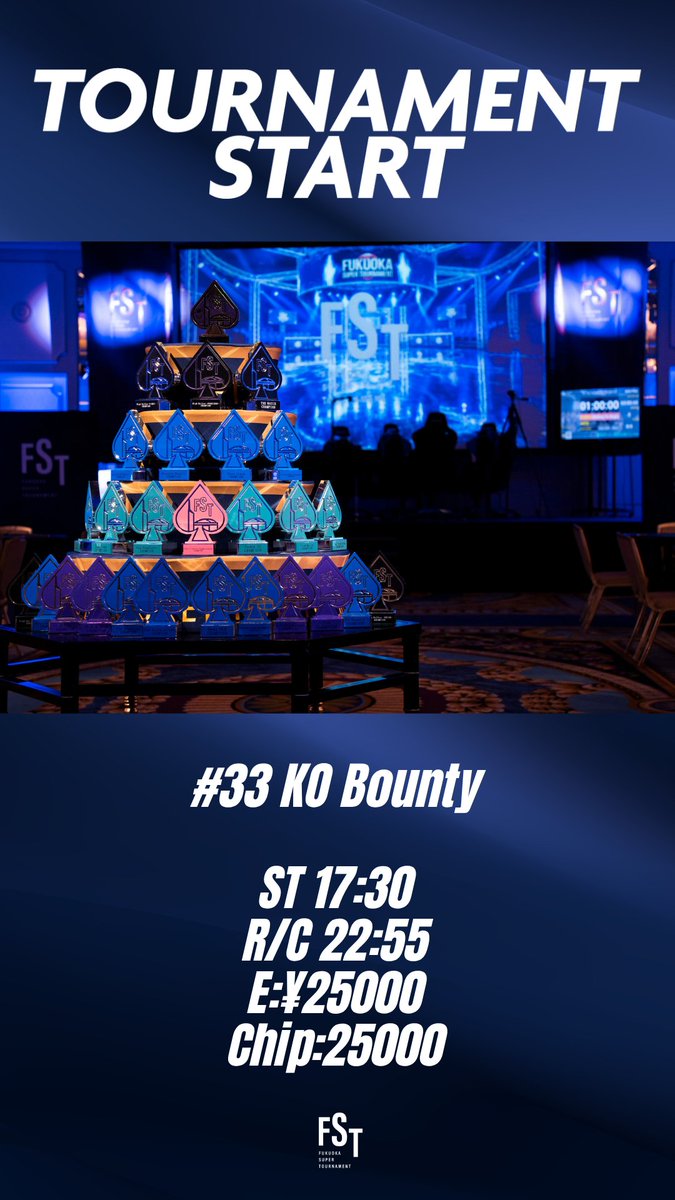 fst_202408's tweet photo. #33 KO BountyがSTART
一人倒すたびに熱が増す、KO Bountyが開幕。

#33 KO Bounty
Regist Close / 22:55
Entry Fee / 25000
Chips / 25000

皆様のご参加お待ちしております
#FST #FST5 #FUKUOKASUPERTOURNAMENT https://t.co/QElrsDuAyo