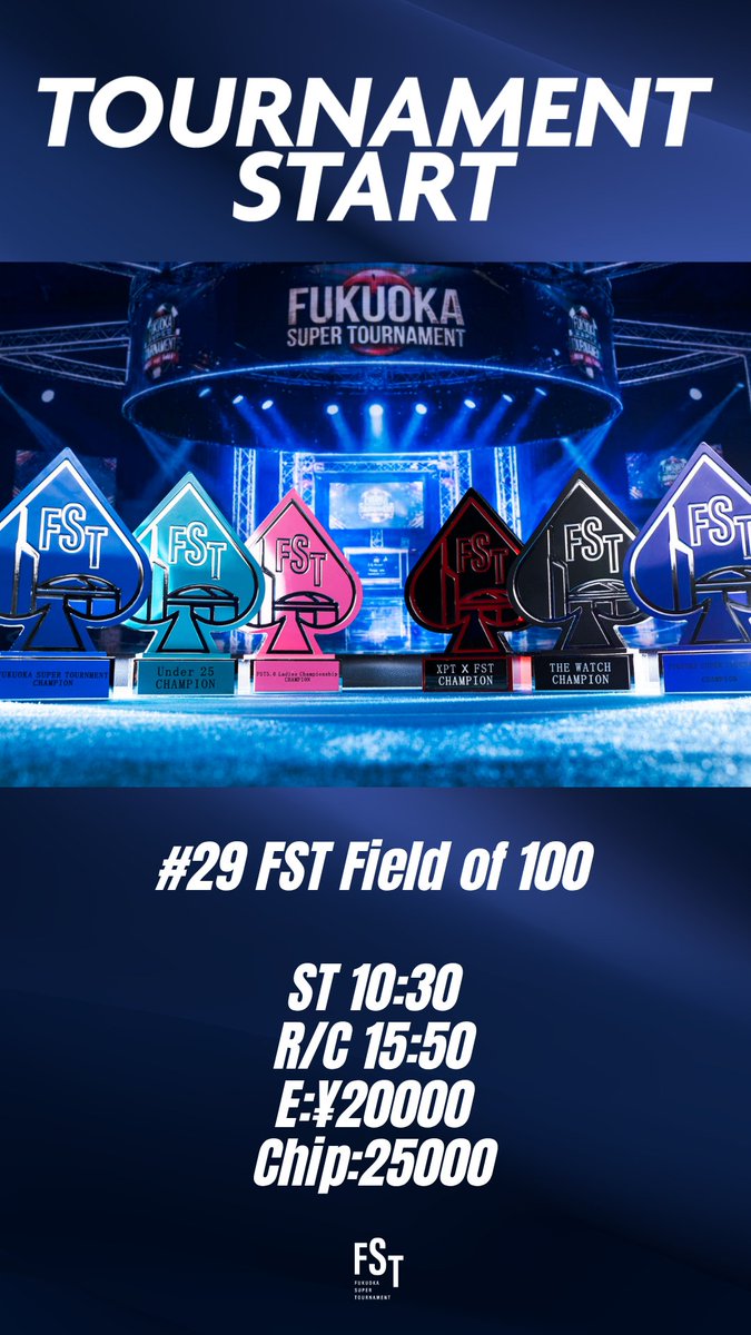 fst_202408's tweet photo. #29 FST Field of 100がSTART
選ばれた100人だけのフィールド、FST Field of 100が開幕。

#29 FST Field of 100
Regist Close / 15:50
Entry Fee / 20000
Chips / 25000

皆様のご参加お待ちしております
#FST #FST5 #FUKUOKASUPERTOURNAMENT https://t.co/9Zf2HlFgIx