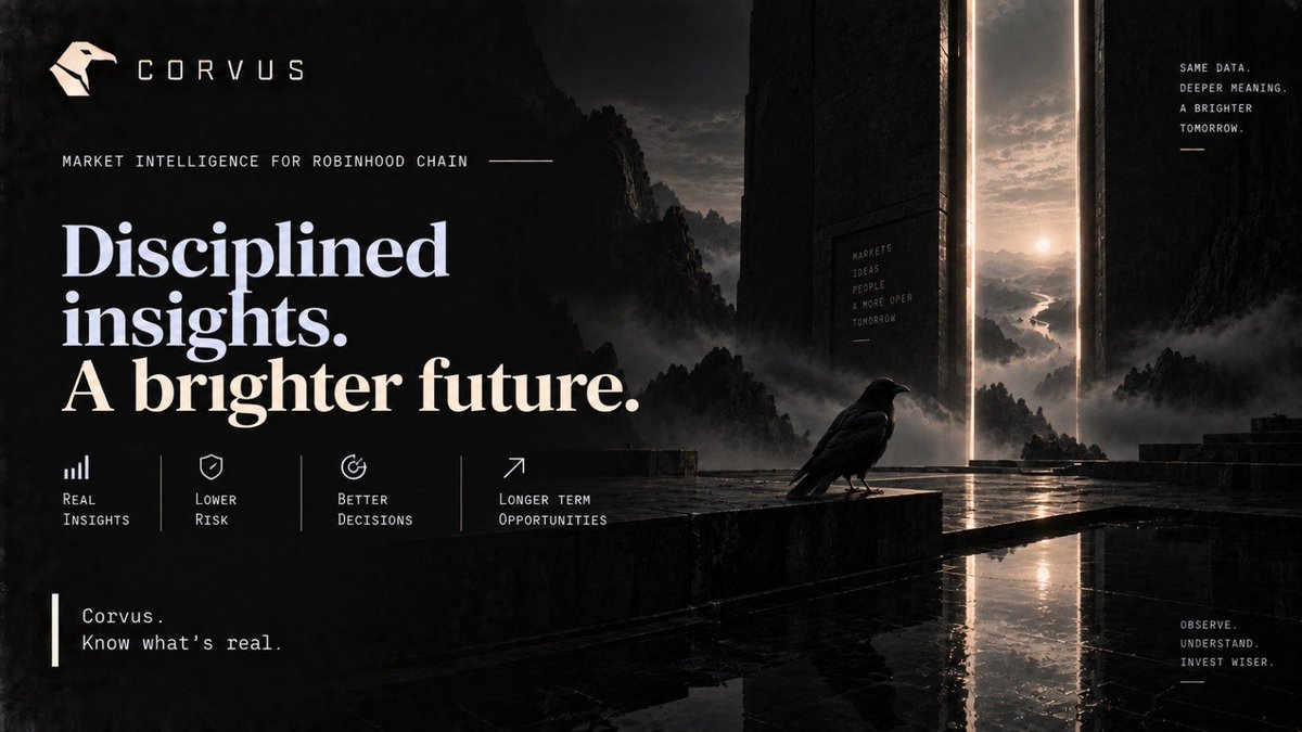 CorvusTerminal's tweet photo. Good intelligence starts with discipline.

Verify the data.
Connect the context.
Question the signal.
Follow what changes.

Corvus is built to turn fragmented market information into a clearer picture of what’s happening across traditional and on-chain markets.

Less noise. More understanding.

Know what's real.