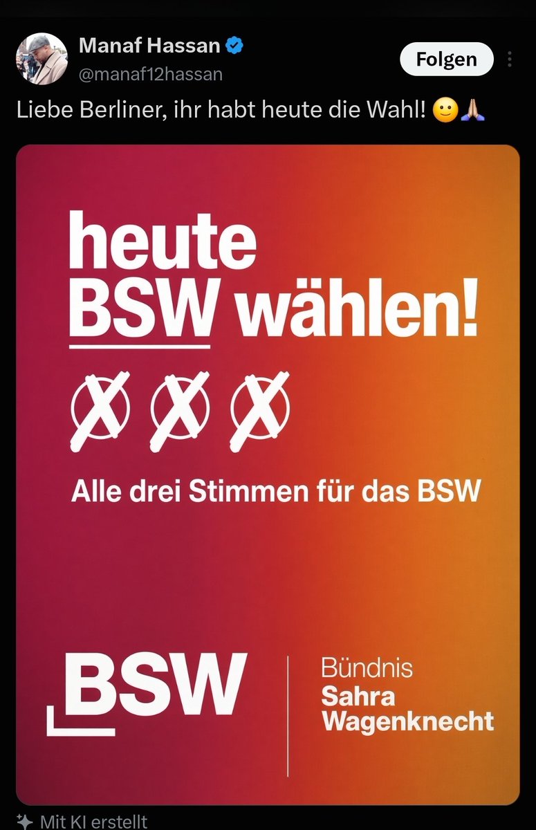 mjd2020881's tweet photo. Die Wahl, die man in Syrien unter deinem besten Freund – dem Kriegsverbrecher Bashar al-Assad – nicht hatte, weil er von Menschen wie dir unterstützt wurde! Und jetzt hast du dir genau die richtige Partei ausgesucht, um dein Hobby der Diktatorenunterstützung weiterzumachen #BSW https://t.co/8XVuHfZEA4