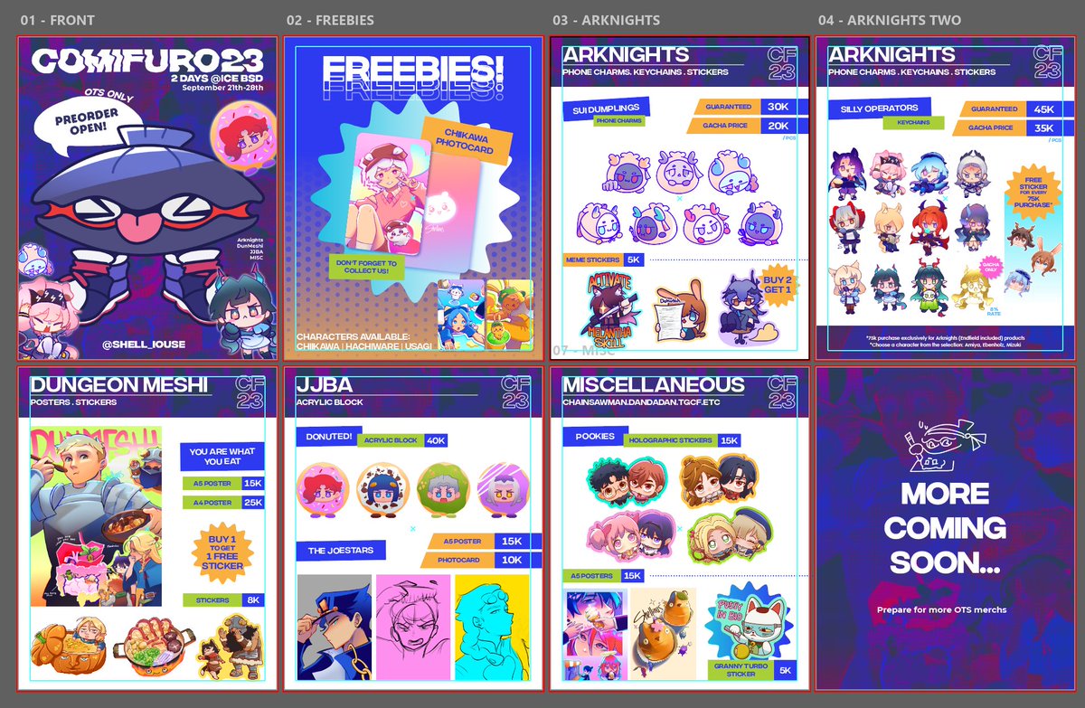 shell_iouse's tweet photo. Will be uploading my #cf23 po catalogue
For those who are interested please comment, I'll tag when it's posted 🥹
#comifuro23 #arknights #dunmeshi #jjba https://t.co/Lo2cm5KC9c