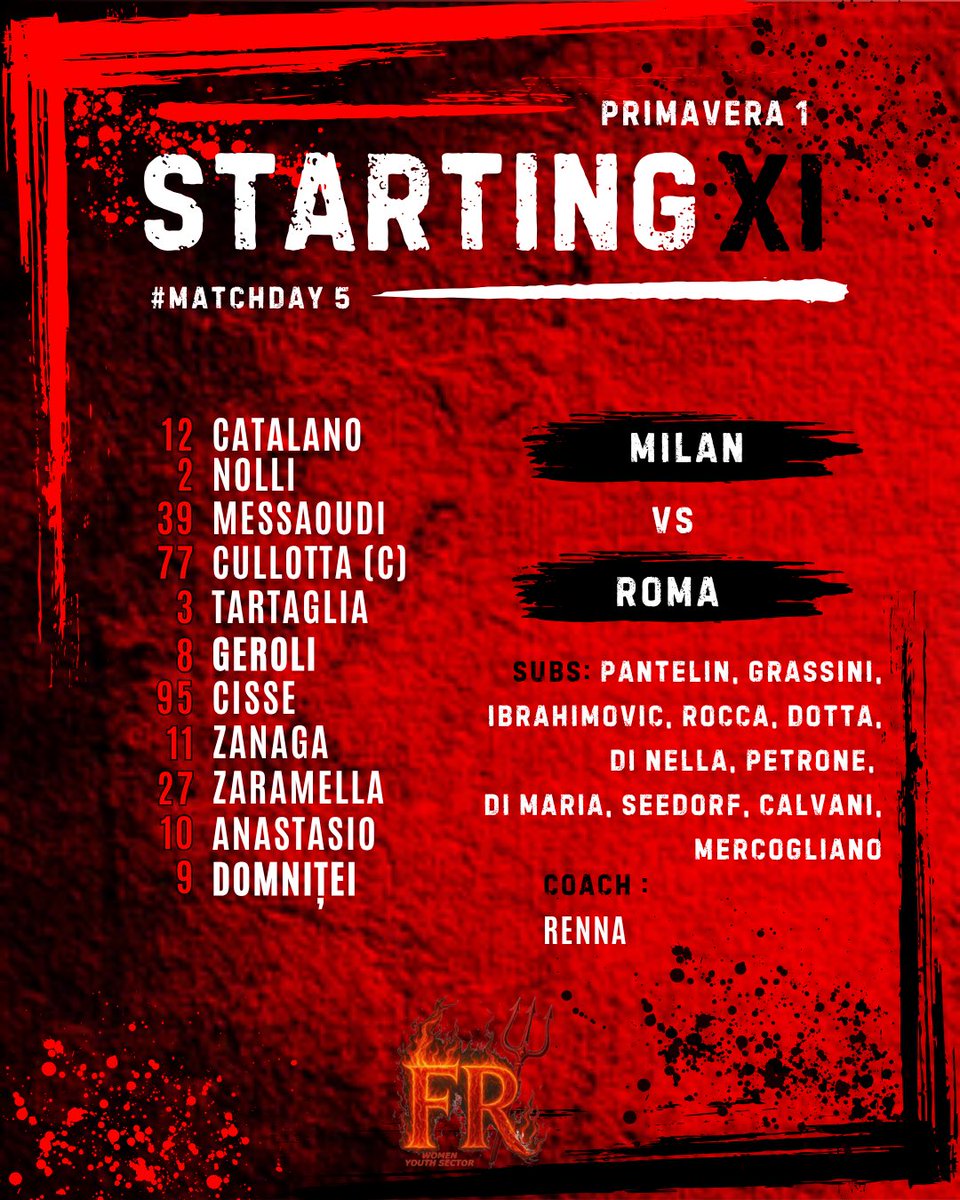 AltraFacciaDiFR's tweet photo. L’11 titolare del Milan Primavera contro la Roma 🔴⚫️
Fischio d’inizio ore 11:00
📺Live @tvdellosport
Forza ragazzi 💪
#MilanYouth #MilanPrimavera #MilanRoma https://t.co/HDCat5jgd9