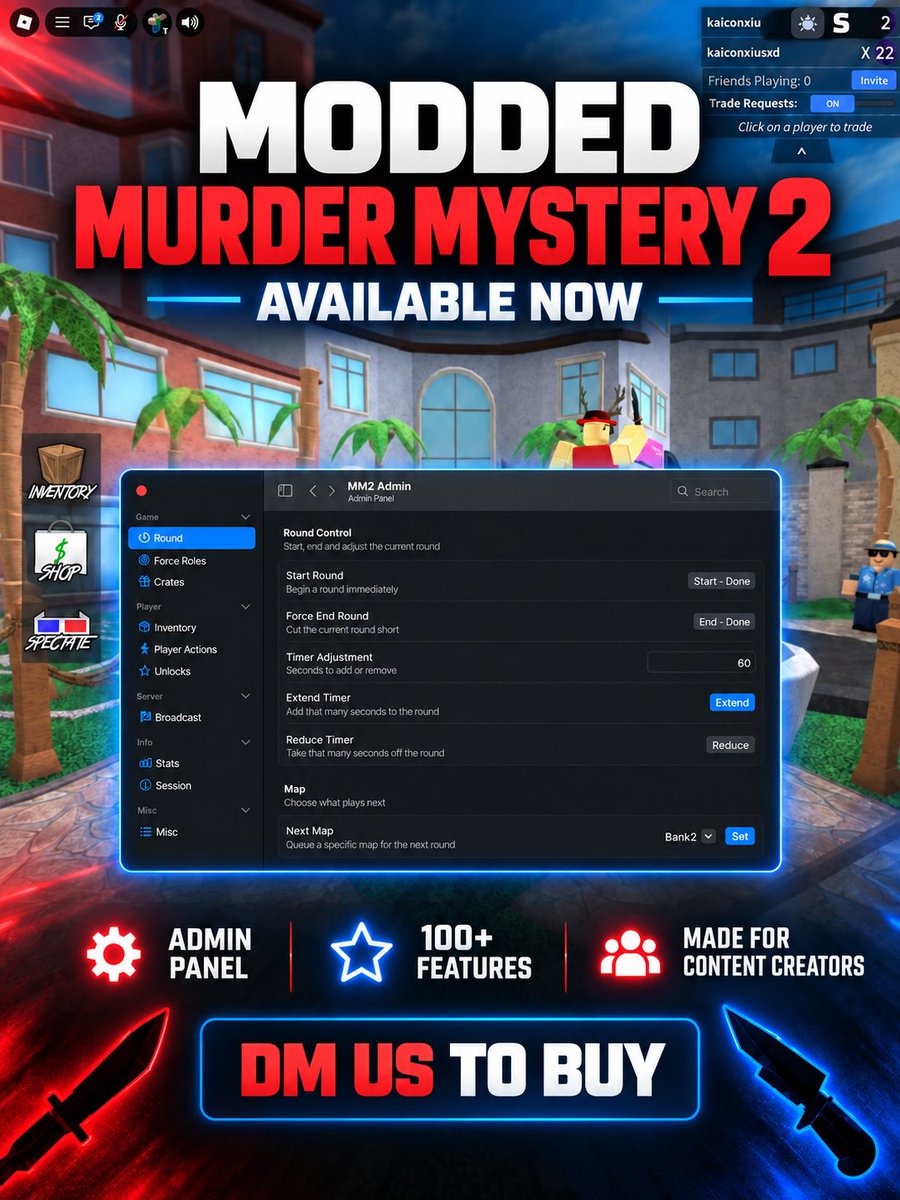 Creatorblox_'s tweet photo. 🔪 Modded Murder Mystery 2 is available now!

⚙️ Powerful Admin Panel
🔥 100+ Features
🎥 Perfect for your next video

📩 DM us to buy!

#Roblox #MurderMystery2 #MM2 #RobloxCreators https://t.co/1YNBhK3pF5