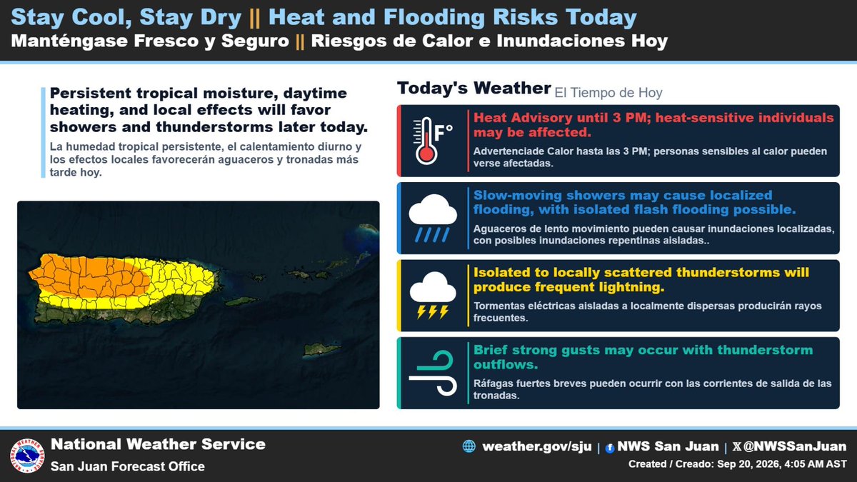 NWSSanJuan's tweet photo. 🌞🌧️ Sunday Funday / Domingo, Sep 20

Stay hydrated and seek shade early. / Hidrátate y busca sombra temprano.

Later, move indoors if thunder is heard and avoid flooded roads. / Más tarde, busca refugio si escuchas truenos y evita carreteras inundadas.

#PRwx #USVIwx https://t.co/6vzFn0aHjm