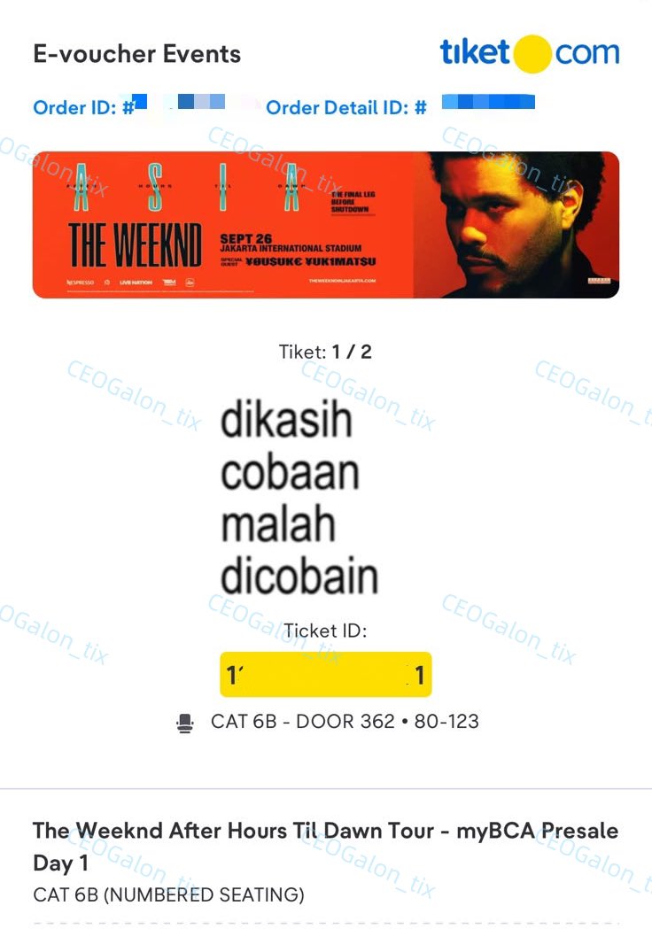 dohkyungcha's tweet photo. cus siapa yang mau nonton THE WEEKND FOR FREE

Cat 6B Day 1 
1tix only 

syarat nya follow @CeoGalon_Tix dan gue opkors, jangan lupa like ama retweet yak syg

komen “done” kalo uda

t. konser wts wtb konser giveaway https://t.co/t28pvHBeMs
