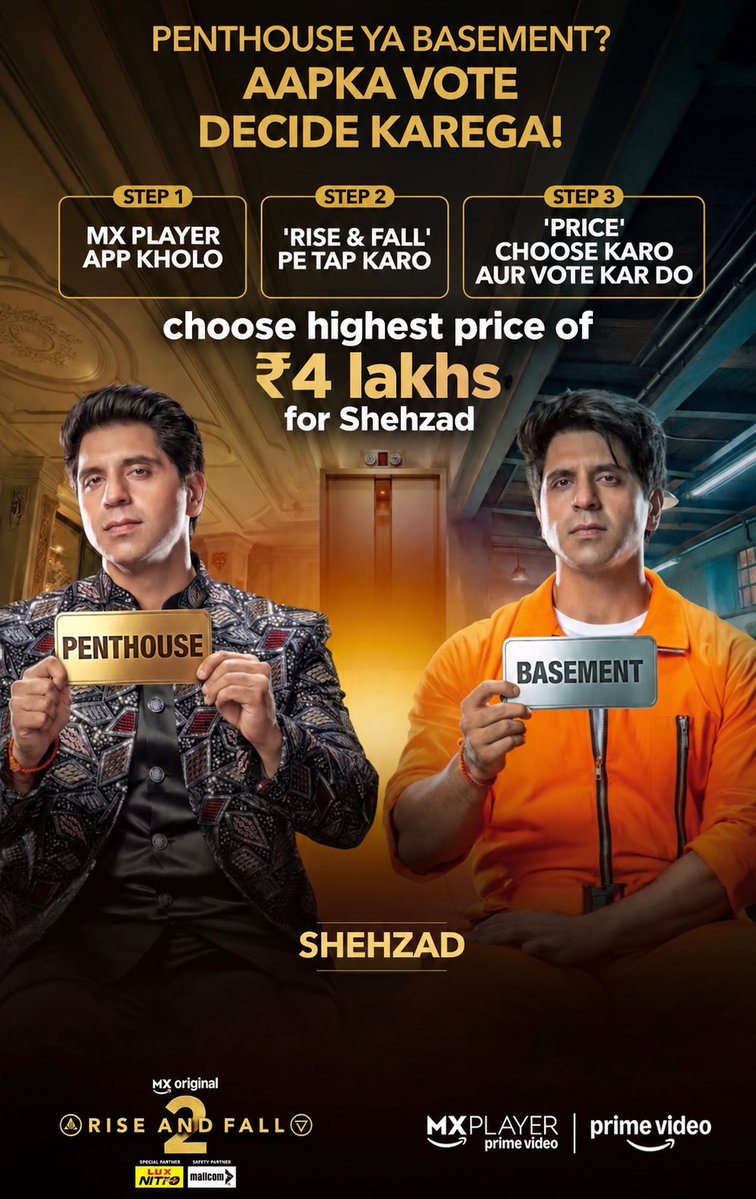 Shehzad_Ind's tweet photo. From Rented House to Penthouse ya Basement? 

Life has its Rise & Fall. 
But only YOU get to decide whether i Rise to the Penthouse or Fall to the Basement 

How to ensure Shehzad goes to the Penthouse 

1) open the MX player app after 12:30pm between now and 23rd September (for android 🤖)

For IPhone users : Open 
Open this in Chrome/Safari- https://t.co/33jUEGQ9Dj

2) tap on Rise and Fall - season 2

3) choose ₹4 lakh highest price for Shehzad and vote for him; hit submit 

4) Get 10 friends, family members and Shehzad Paglus to do this

🫶Team Shehzad 

Special Partner: #LUXNitro
Safety Partner: @Mallcom_India

@MXbyPrimeVideo @virendersehwag @banijayasia

[Rise and Fall Season 2, Coming Soon, Prime Video]